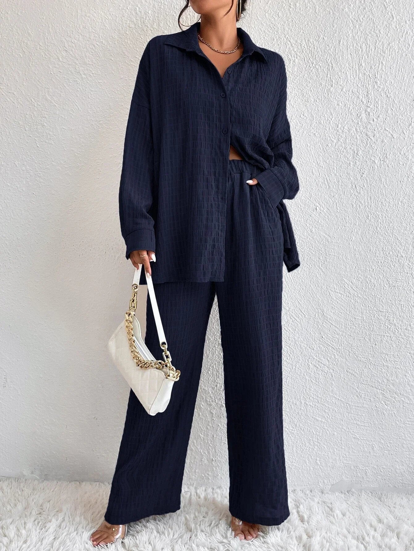 Buy Shein Solid Drop Shoulder Shirt & Wide Leg Pants in Pakistan