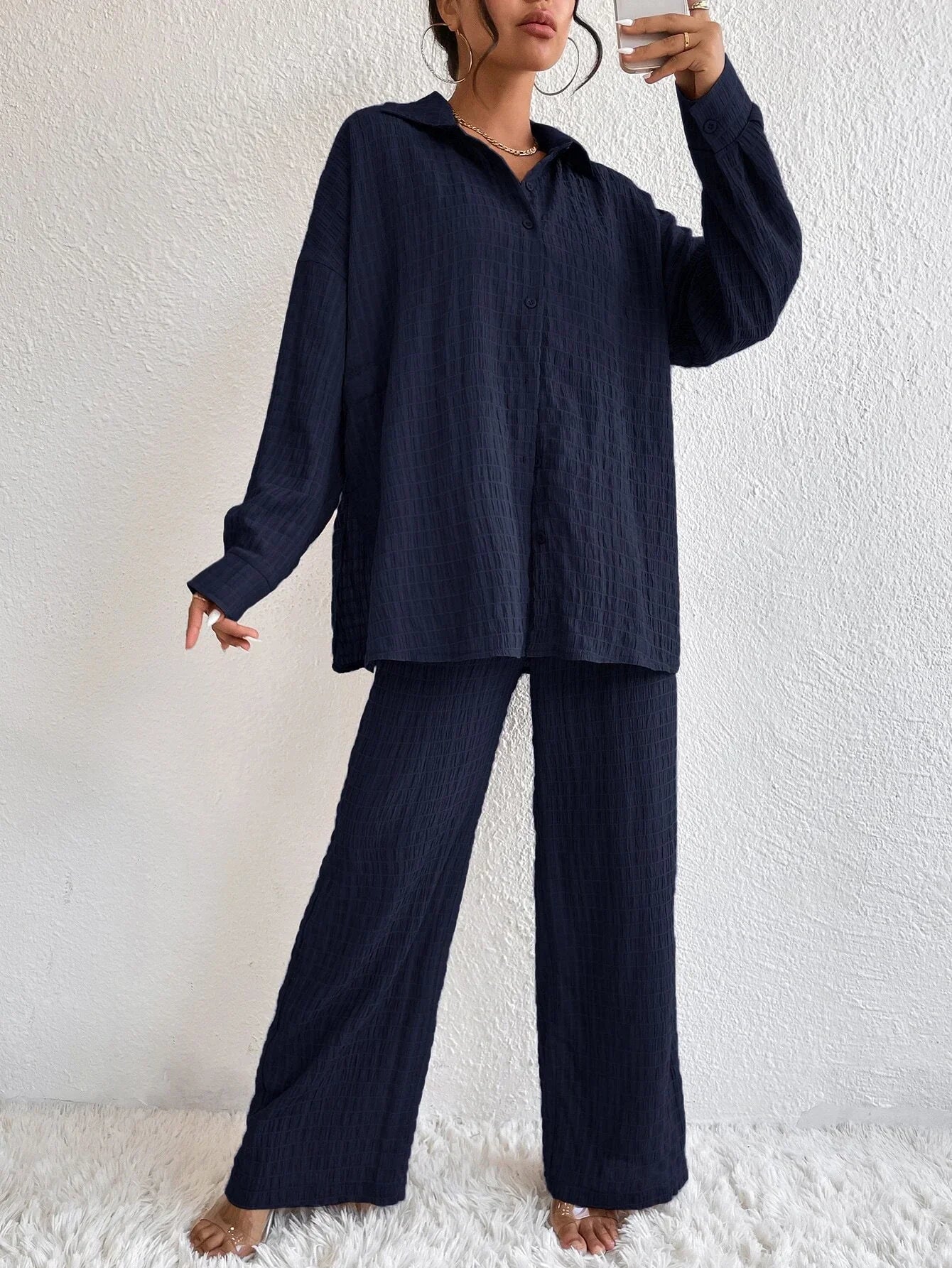 Buy Shein Solid Drop Shoulder Shirt & Wide Leg Pants in Pakistan