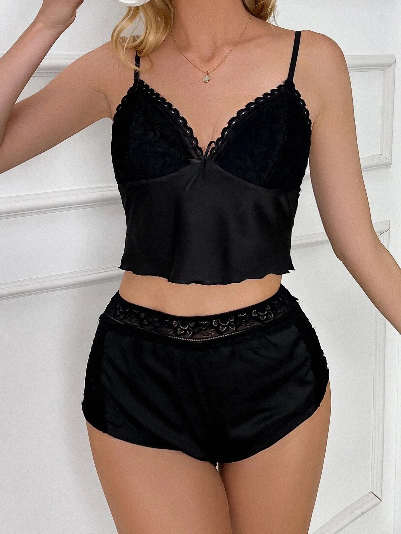 Buy Shein Lace Trim Bow Front Satin PJ Set in Pakistan