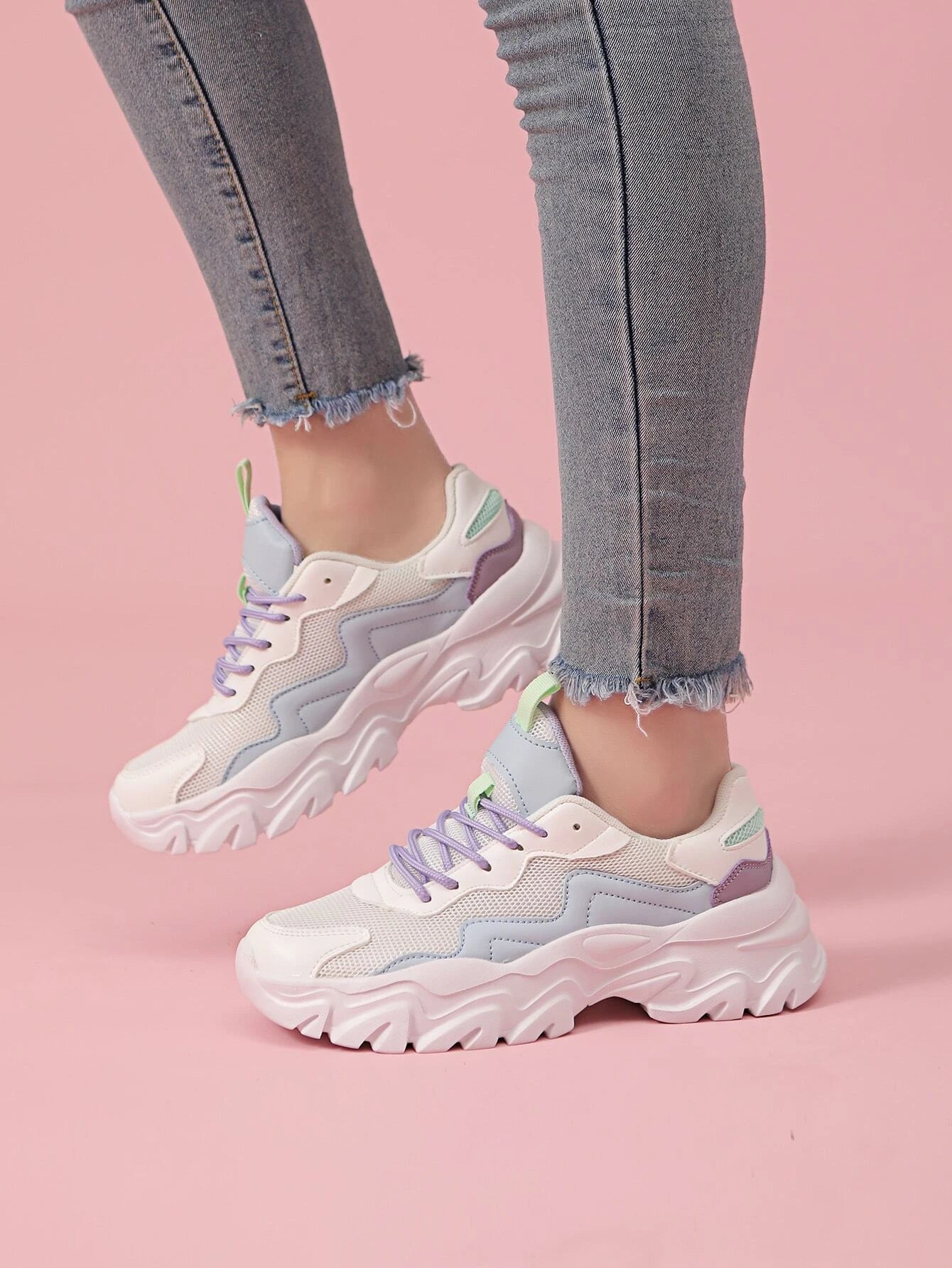 Buy SHEIN Color Block Lace-up Front Chunky Sneakers in Pakistan