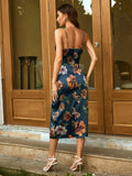 Buy Shein Floral Print Ruched Split Thigh Satin Cami Dress in Pakistan
