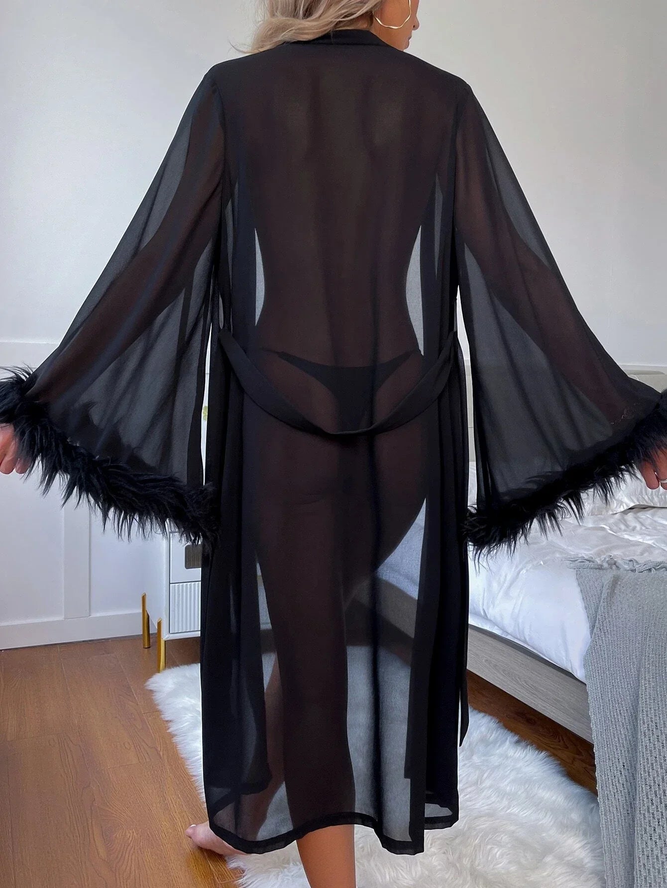 Buy Shein Fuzzy Cuff Belted Mesh Sleep Robe Without Lingerie in Pakistan