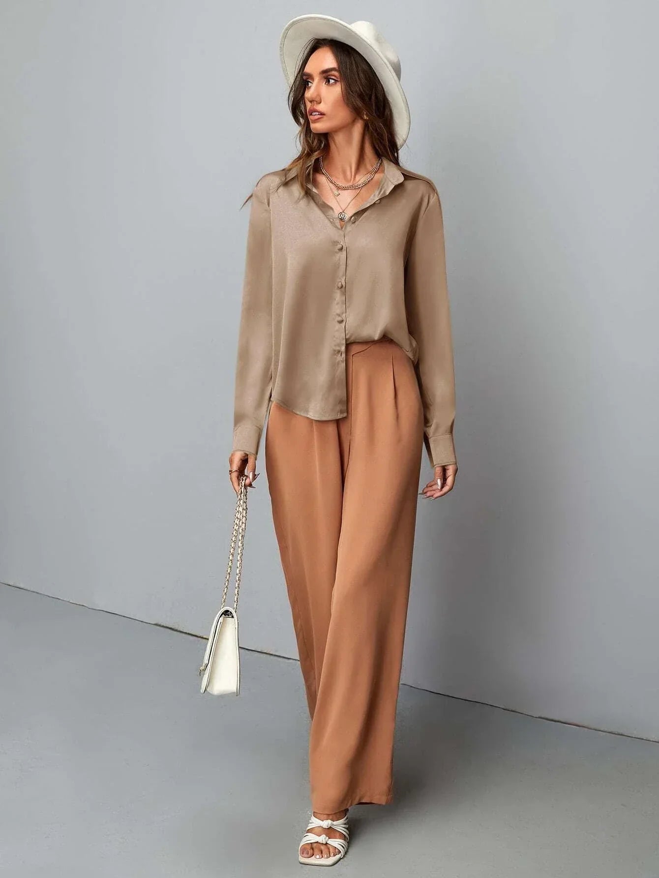 Buy SHEIN Clasi Satin Solid Button Up Shirt in Pakistan