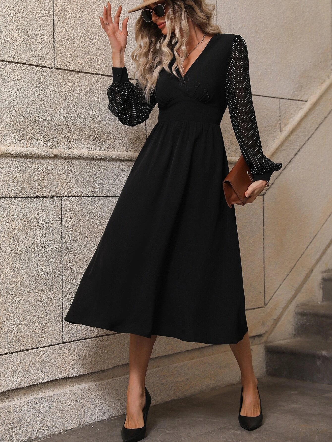 Buy Shein Polka Dot Bishop Sleeve A Line Dress in Pakistan