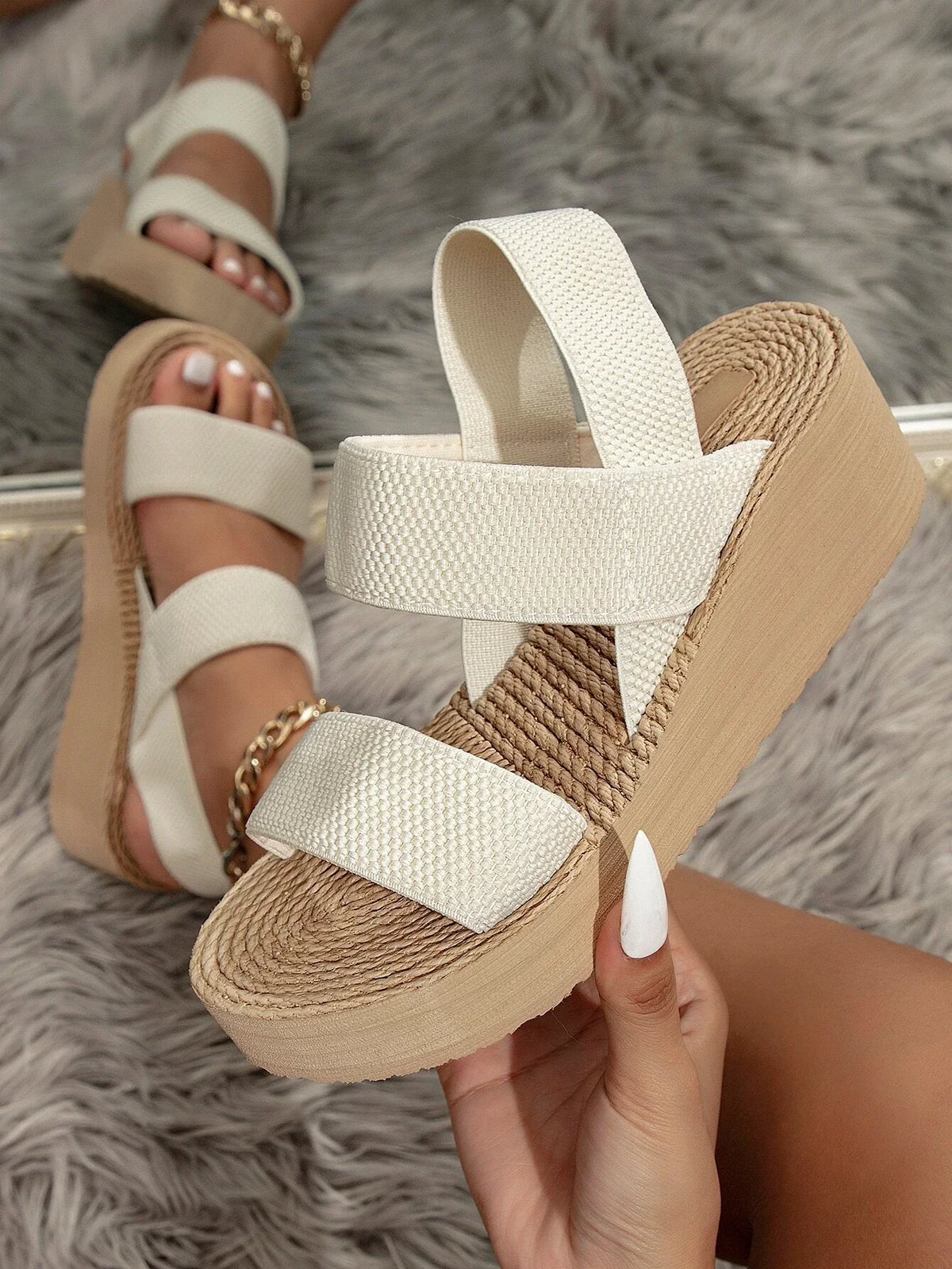 Buy SHEIN Women Minimalist Double Strap Slingback Wedge Sandals in Pakistan
