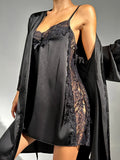 Buy SHEIN Contrast Lace Satin Slip Night Dress & Belted Robe PJ Set in Pakistan