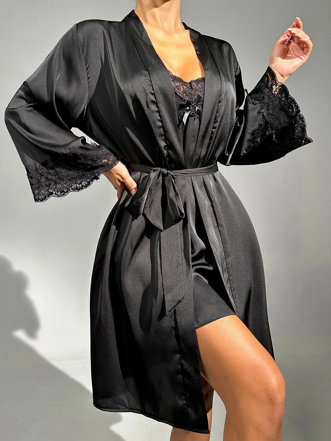 Buy SHEIN Contrast Lace Satin Slip Night Dress & Belted Robe PJ Set in Pakistan