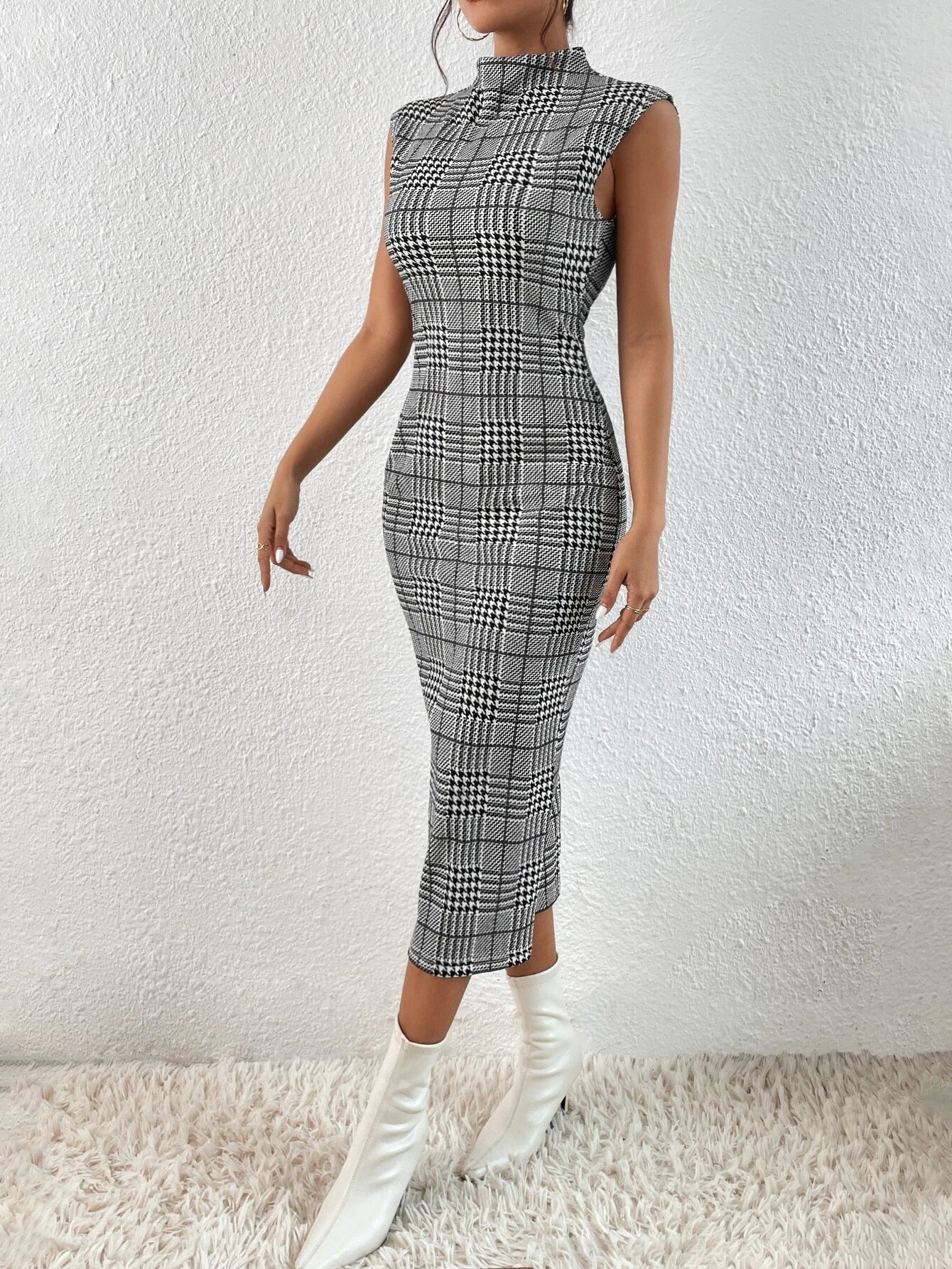 Buy SHEIN Privé Houndstooth Print Mock Neck Sleeveless Bodycon Dress in Pakistan