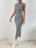 Buy SHEIN Privé Houndstooth Print Mock Neck Sleeveless Bodycon Dress in Pakistan