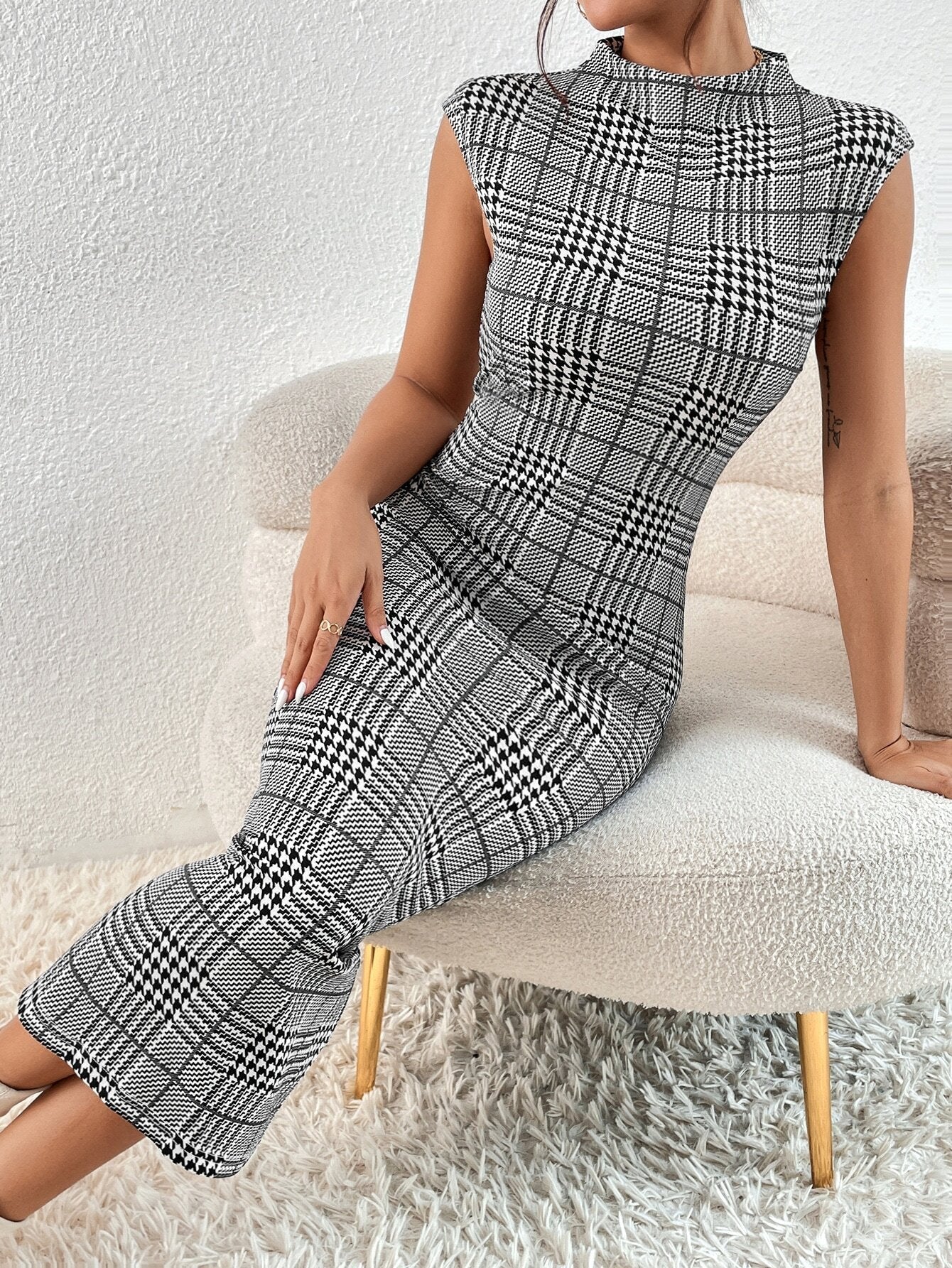 Buy SHEIN Privé Houndstooth Print Mock Neck Sleeveless Bodycon Dress in Pakistan