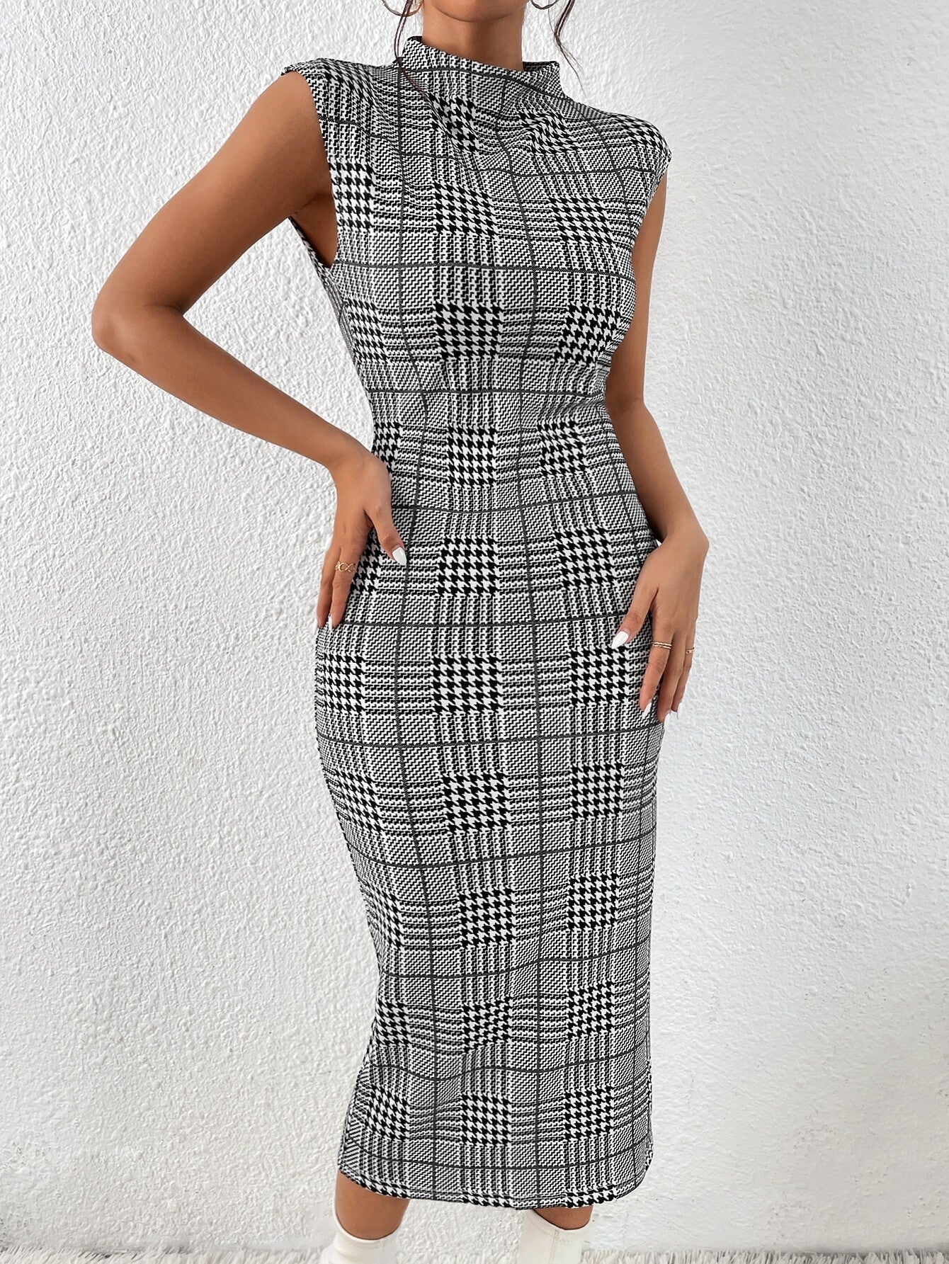 Buy SHEIN Privé Houndstooth Print Mock Neck Sleeveless Bodycon Dress in Pakistan