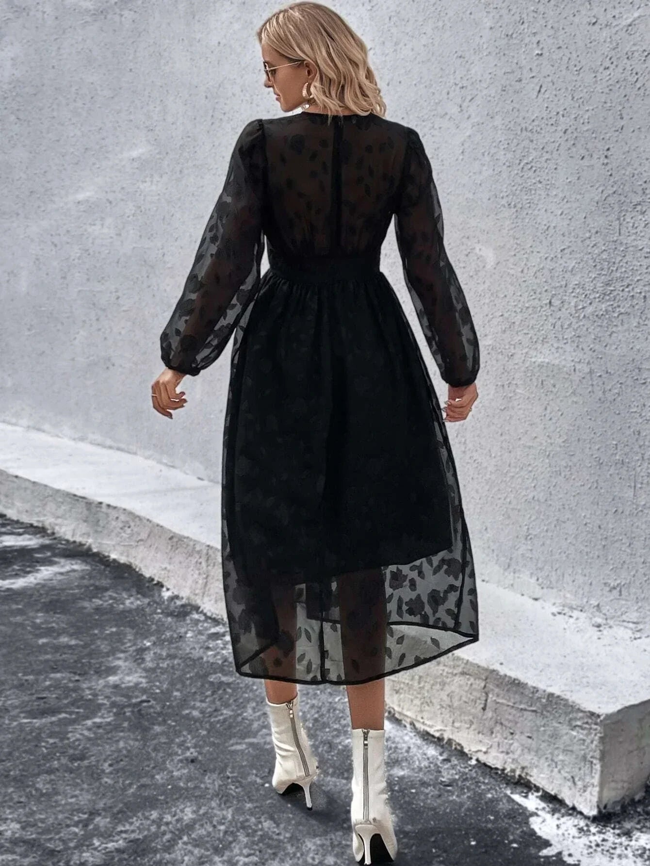 Buy Shein Jacquard Lantern Sleeve Button Front Dress in Pakistan