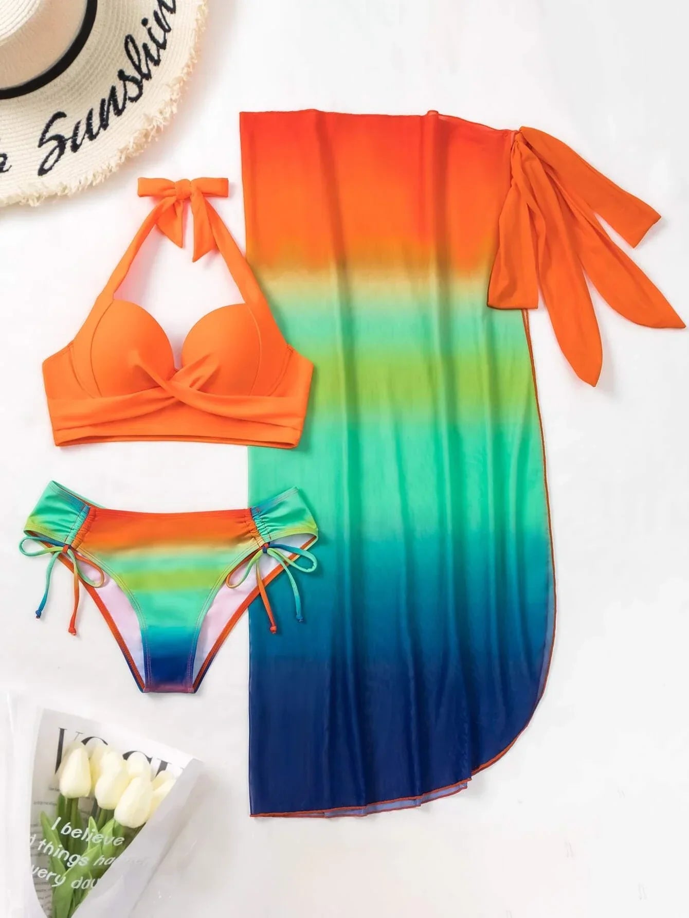 Buy SHEIN Ombre Bikini Set Halter Push Up Bra & Bikini Bottom & Beach Skirt 3 Piece Bathing Suit in Pakistan