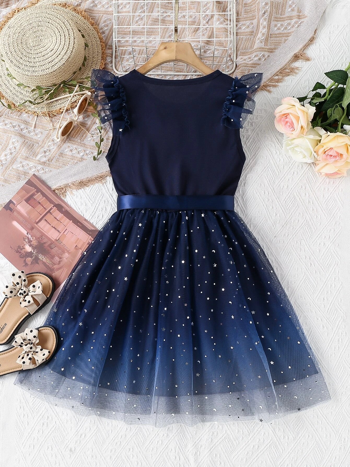 Buy SHEIN Girls Star & Moon Patched Contrast Mesh Ruffle Trim Dress in Pakistan