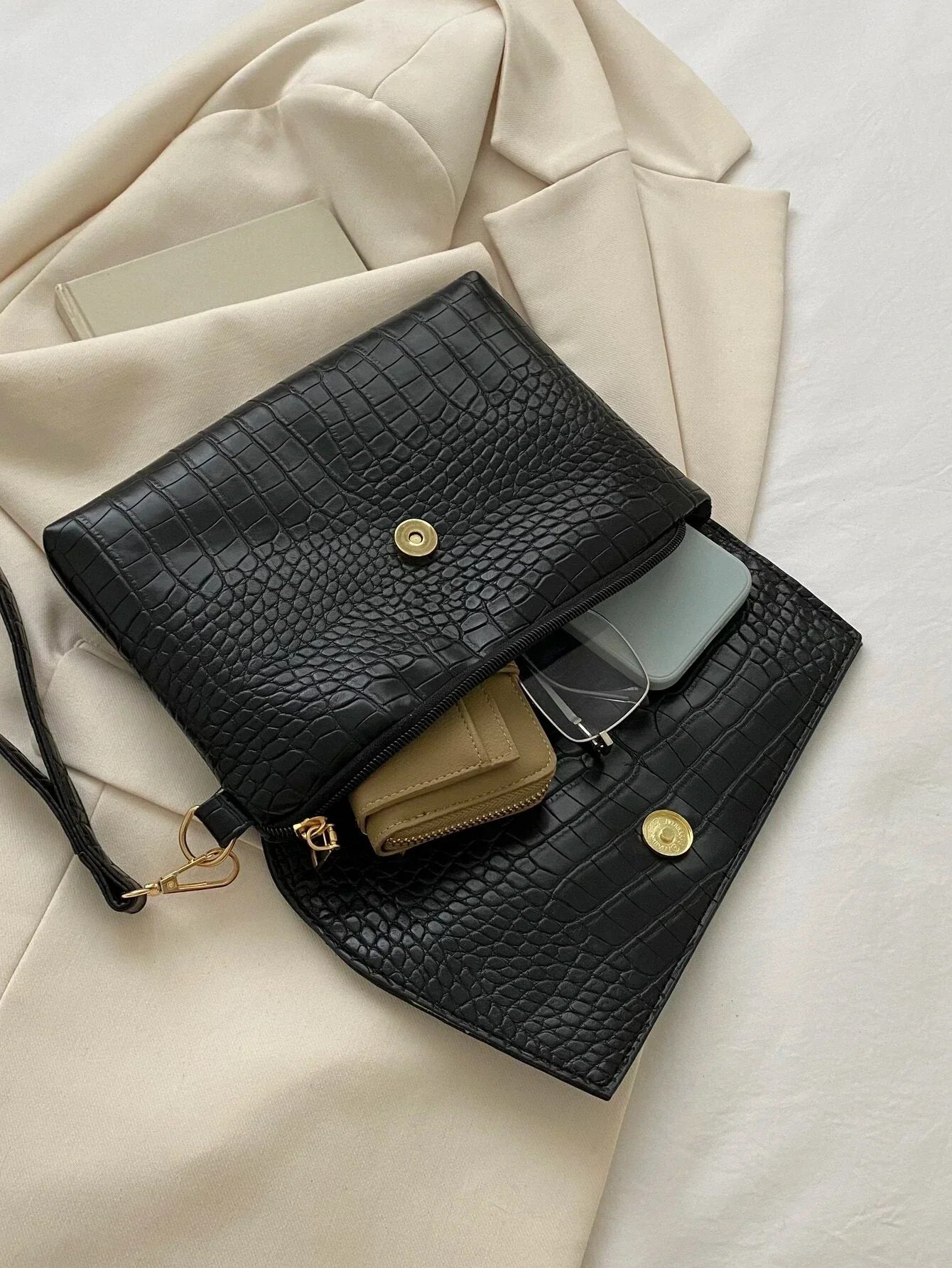Buy Shein Crocodile Embossed Flap Square Bag With Wristlet in Pakistan
