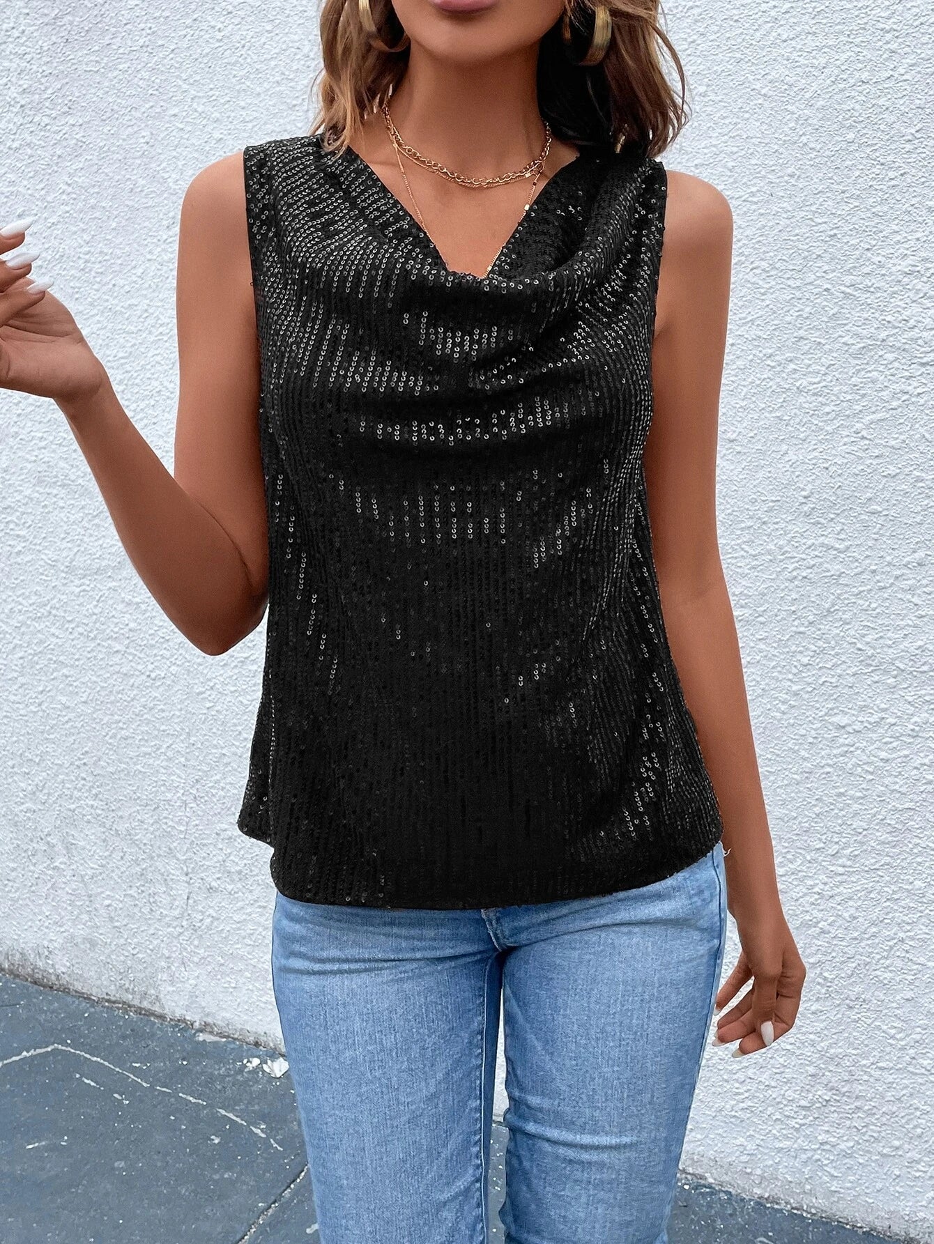 Buy Shein Draped Collar Sequin Blouse in Pakistan