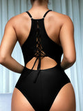Buy SHEIN Plain Lace Up Backless One Piece Swimsuit in Pakistan