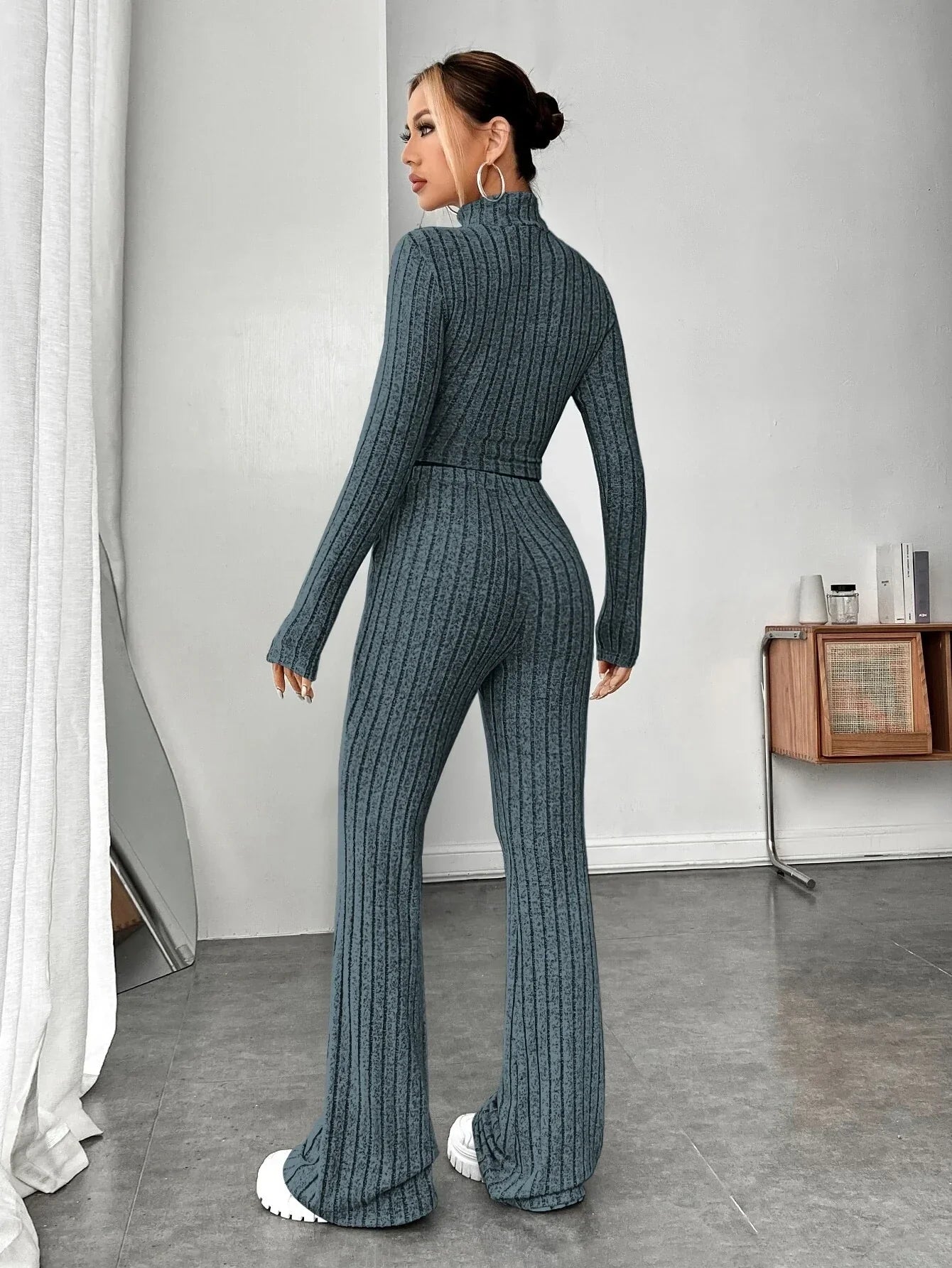 Buy Shein Ezwear Mock Neck Crop Tee & Flare Leg Pants in Pakistan
