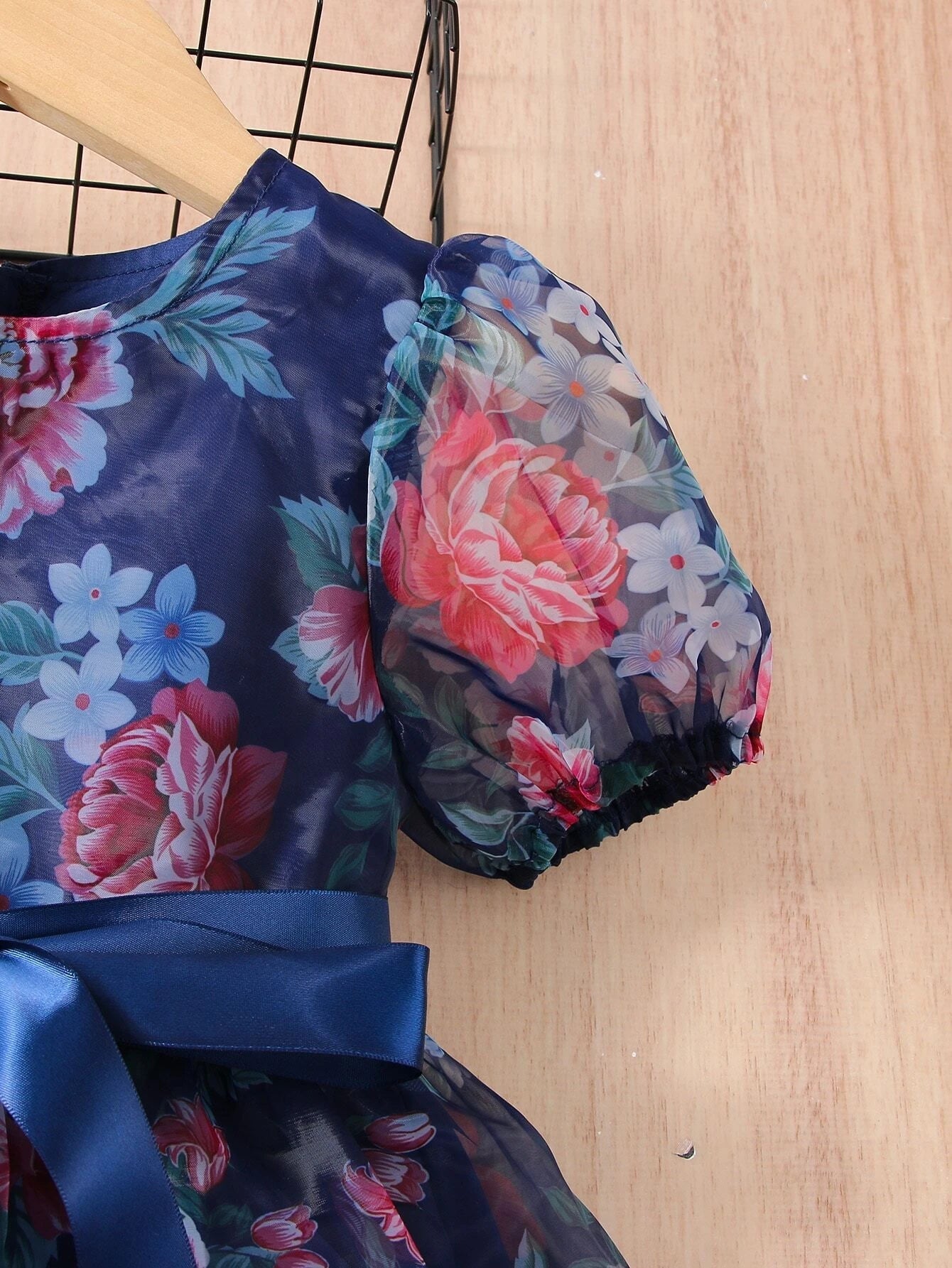 Buy SHEIN Toddler Girls Floral Print Puff Sleeve Ruffle Hem Belted Organza Dress in Pakistan