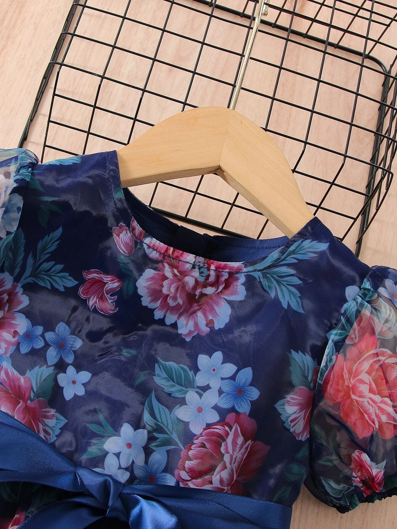 Buy SHEIN Toddler Girls Floral Print Puff Sleeve Ruffle Hem Belted Organza Dress in Pakistan