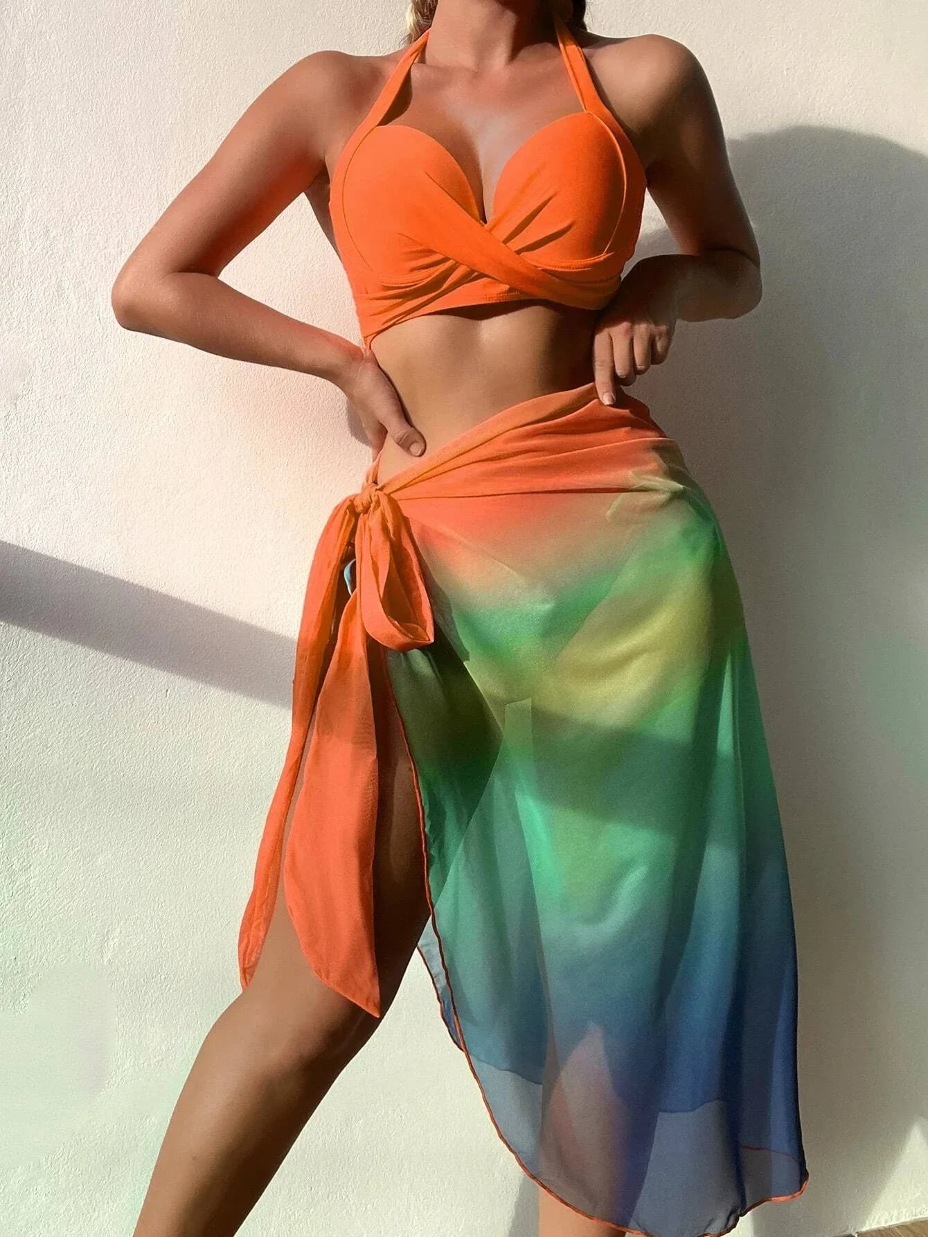 Buy SHEIN Ombre Bikini Set Halter Push Up Bra & Bikini Bottom & Beach Skirt 3 Piece Bathing Suit in Pakistan