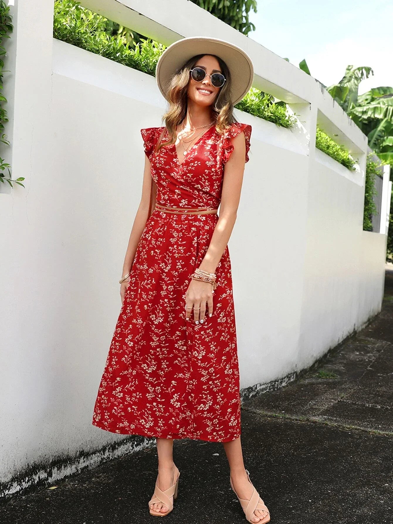 Buy Shein Emery Rose Floral Print Wrap Tie Back Top & Skirt in Pakistan