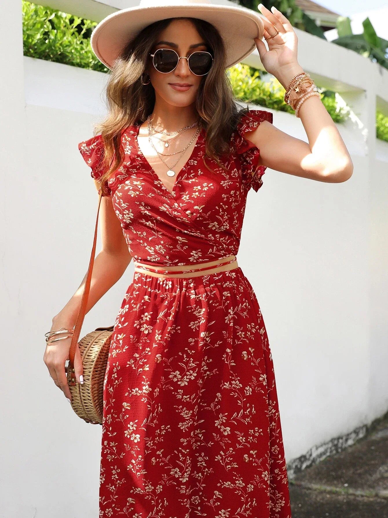 Buy Shein Emery Rose Floral Print Wrap Tie Back Top & Skirt in Pakistan
