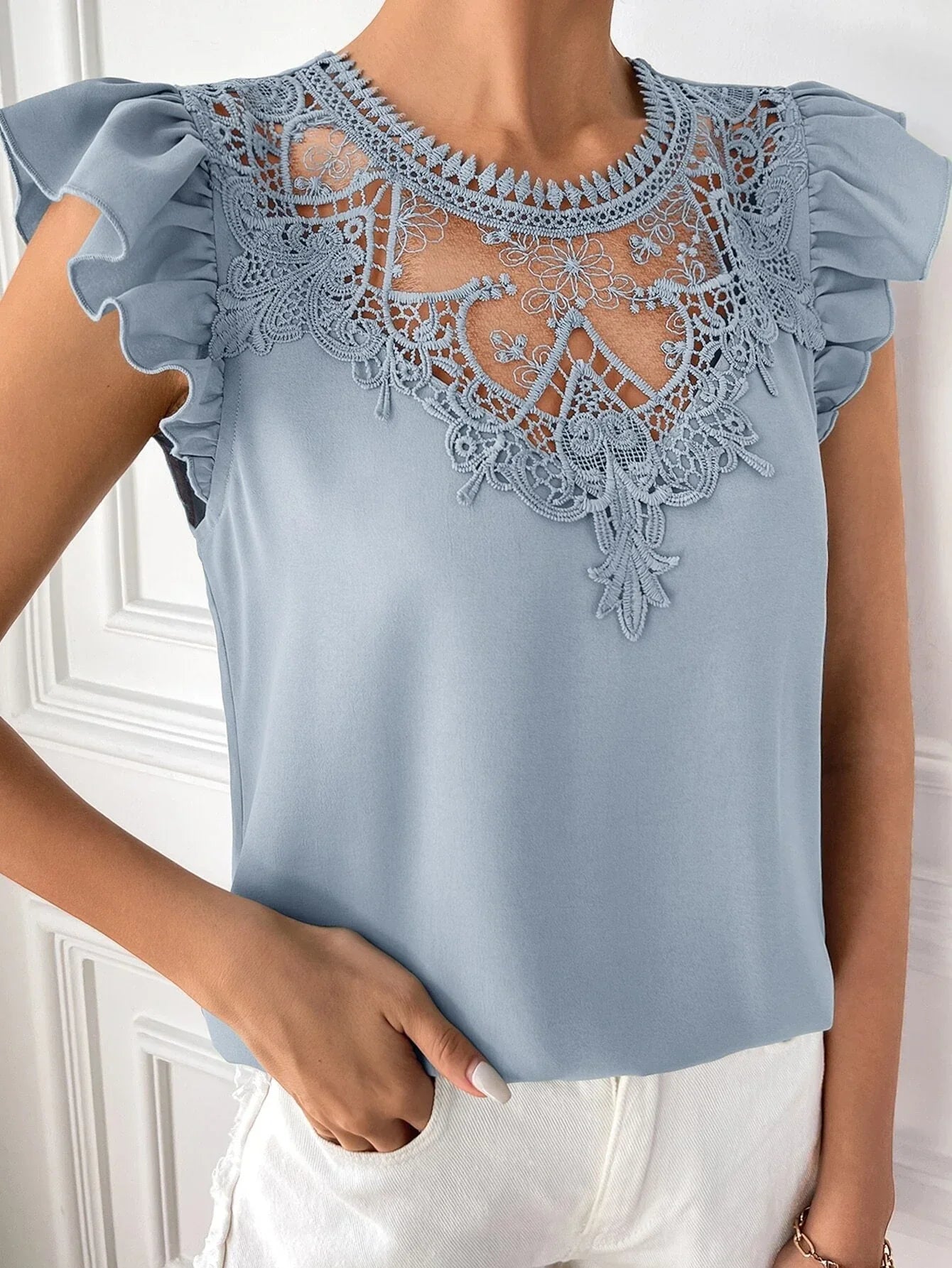 Buy Shein Emery Rose Contrast Guipure Lace Ruffle Sleeve Blouse in Pakistan