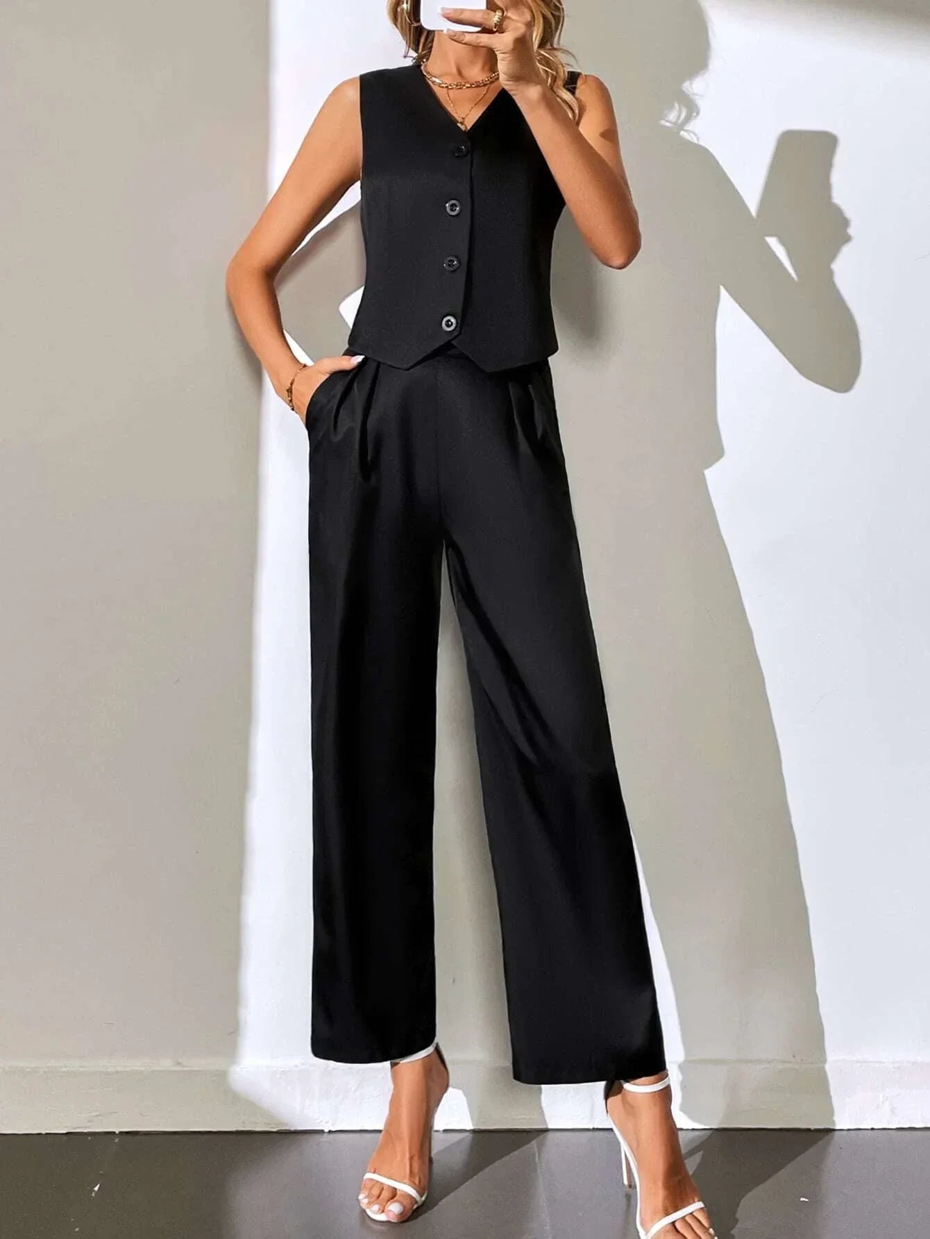 Buy SHEIN Solid Button Front Blazer Vest & Suit Pants in Pakistan