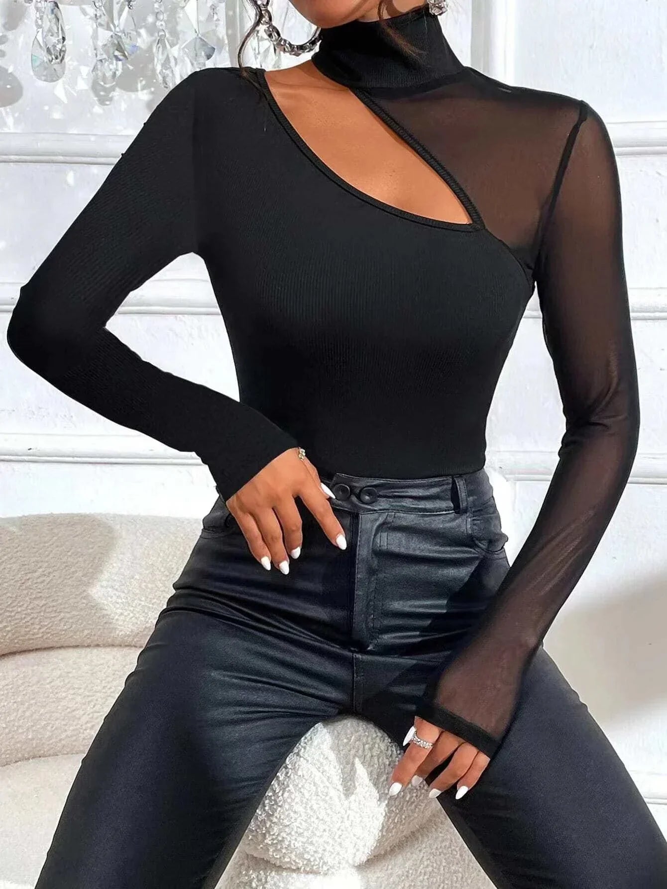 Buy Shein Bae Cut Out Contrast Mesh Asymmetrical Hem Top in Pakistan