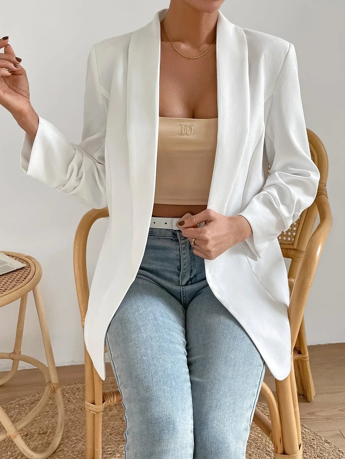 Buy SHEIN Shawl Collar Ruched Detail Open Front Blazer in Pakistan