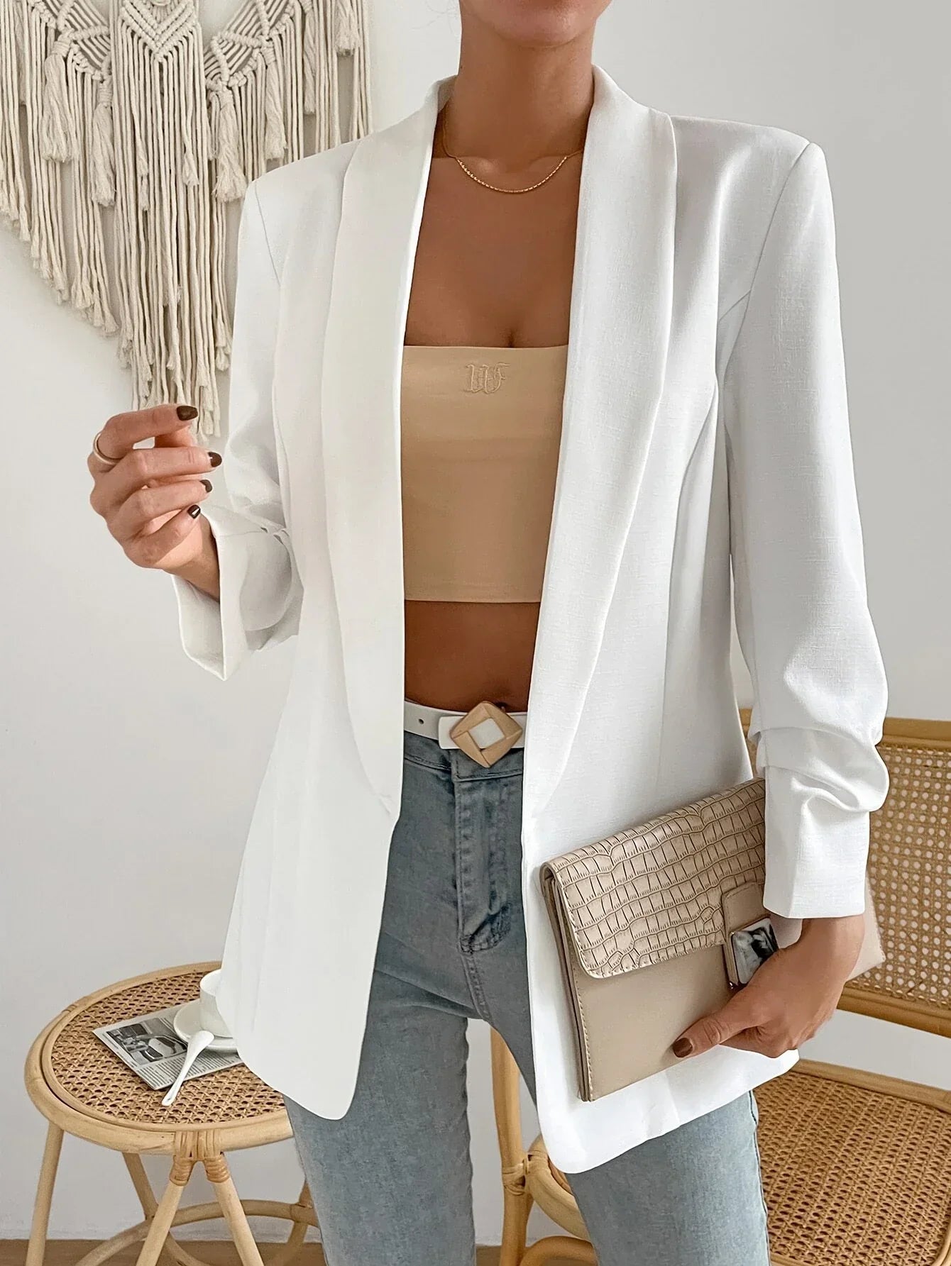 Buy SHEIN Shawl Collar Ruched Detail Open Front Blazer in Pakistan