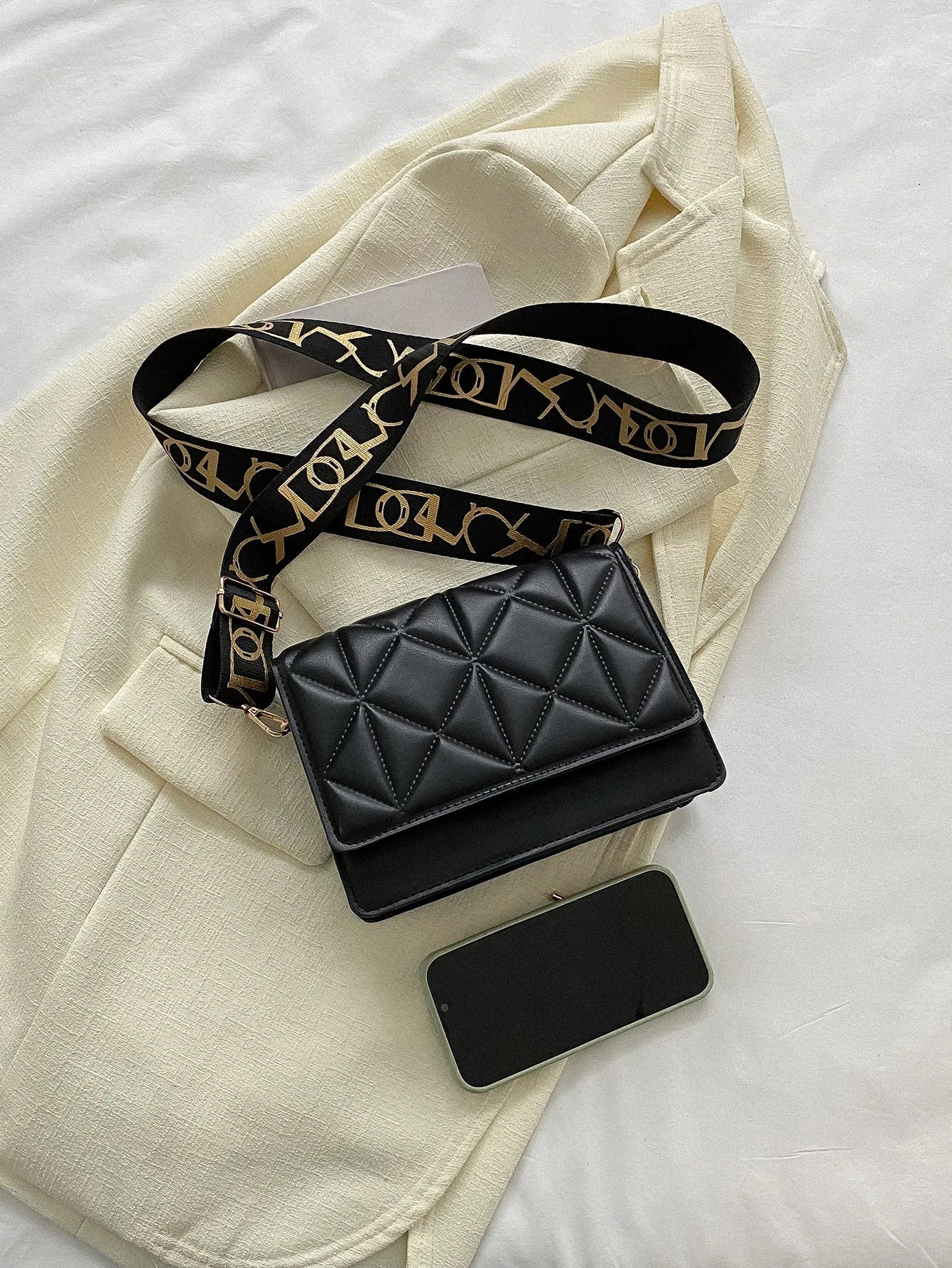 Buy SHEIN Geometric Embossed Flap Square Bag Fashionable Black PU For Daily Life in Pakistan