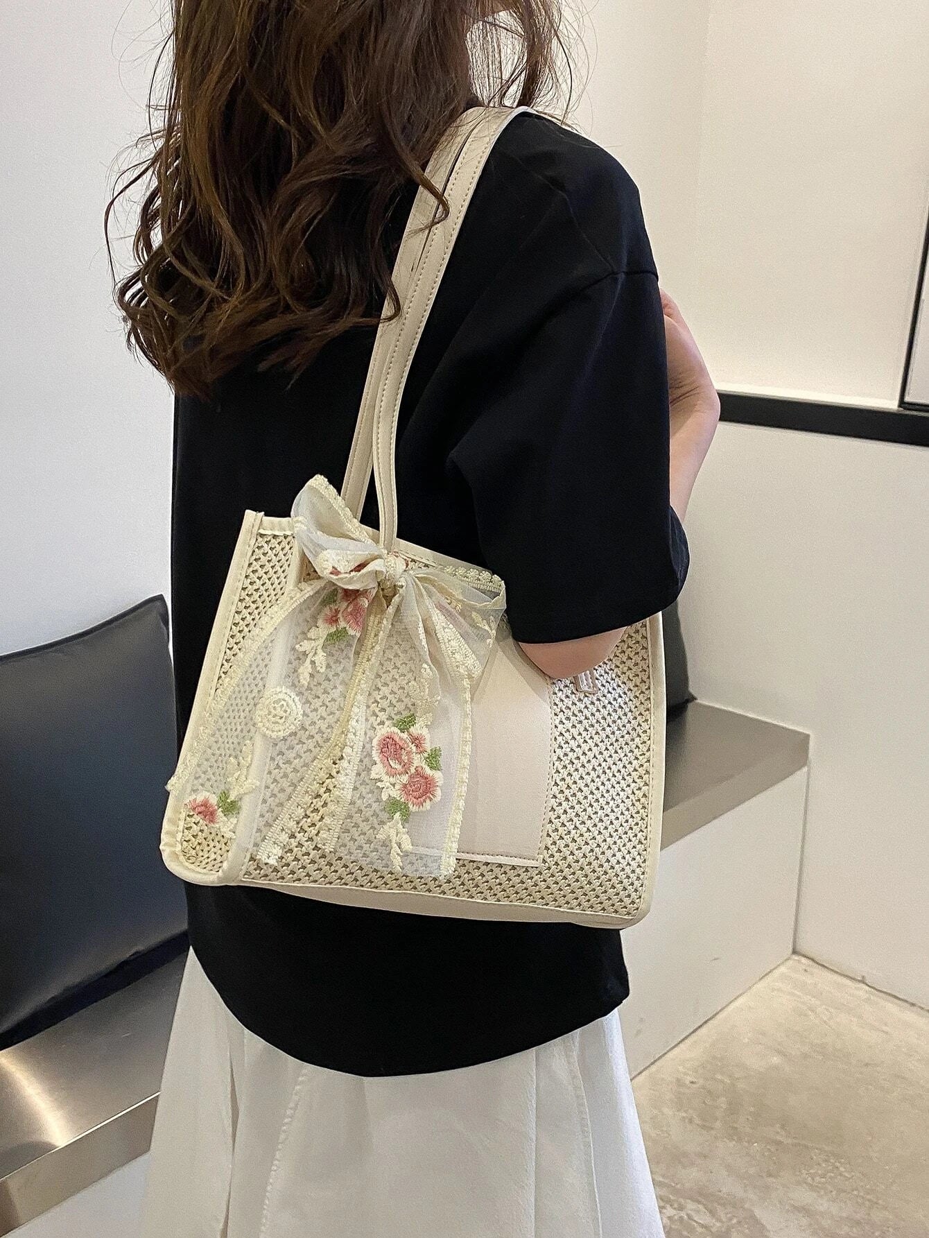 Buy Shein Twilly Scarf Decor Straw Bag in Pakistan