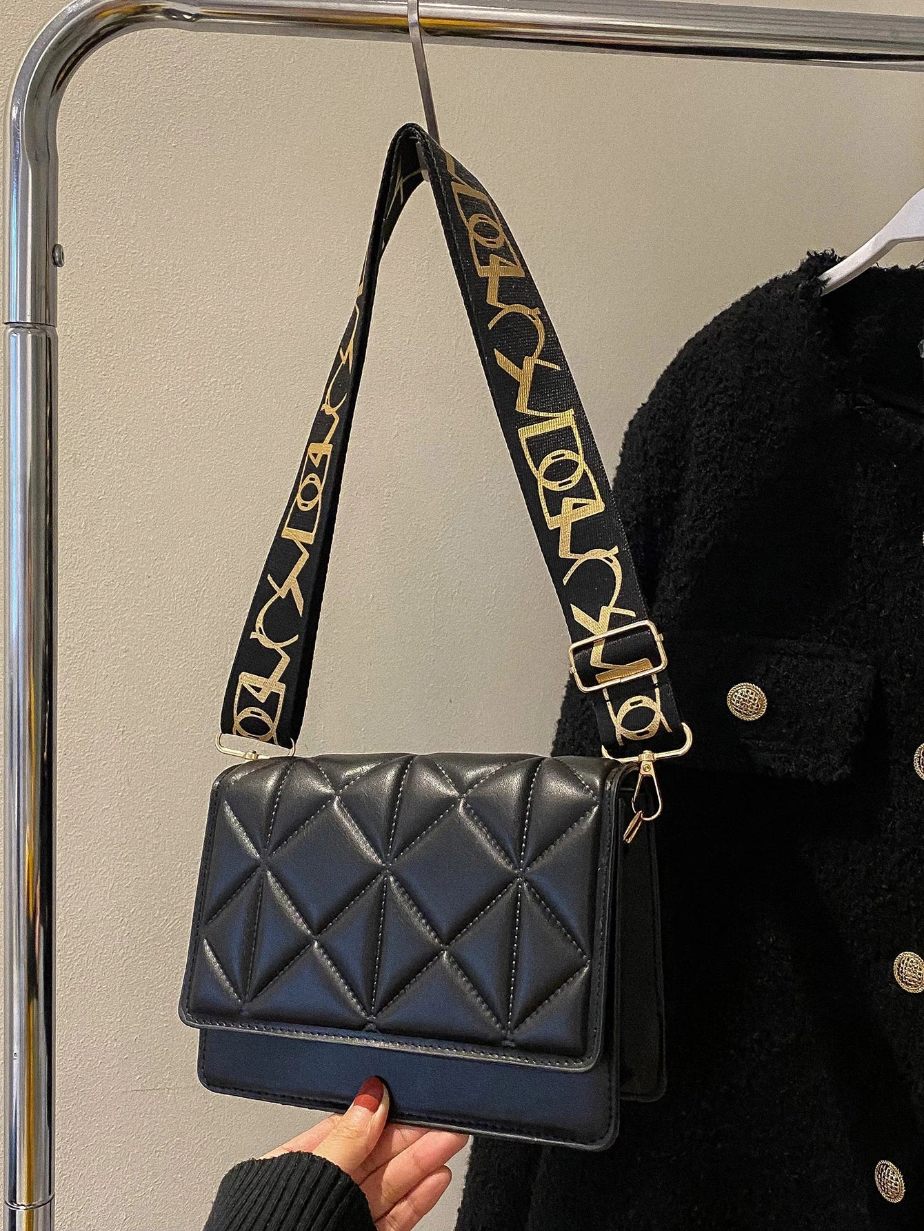 Buy SHEIN Geometric Embossed Flap Square Bag Fashionable Black PU For Daily Life in Pakistan