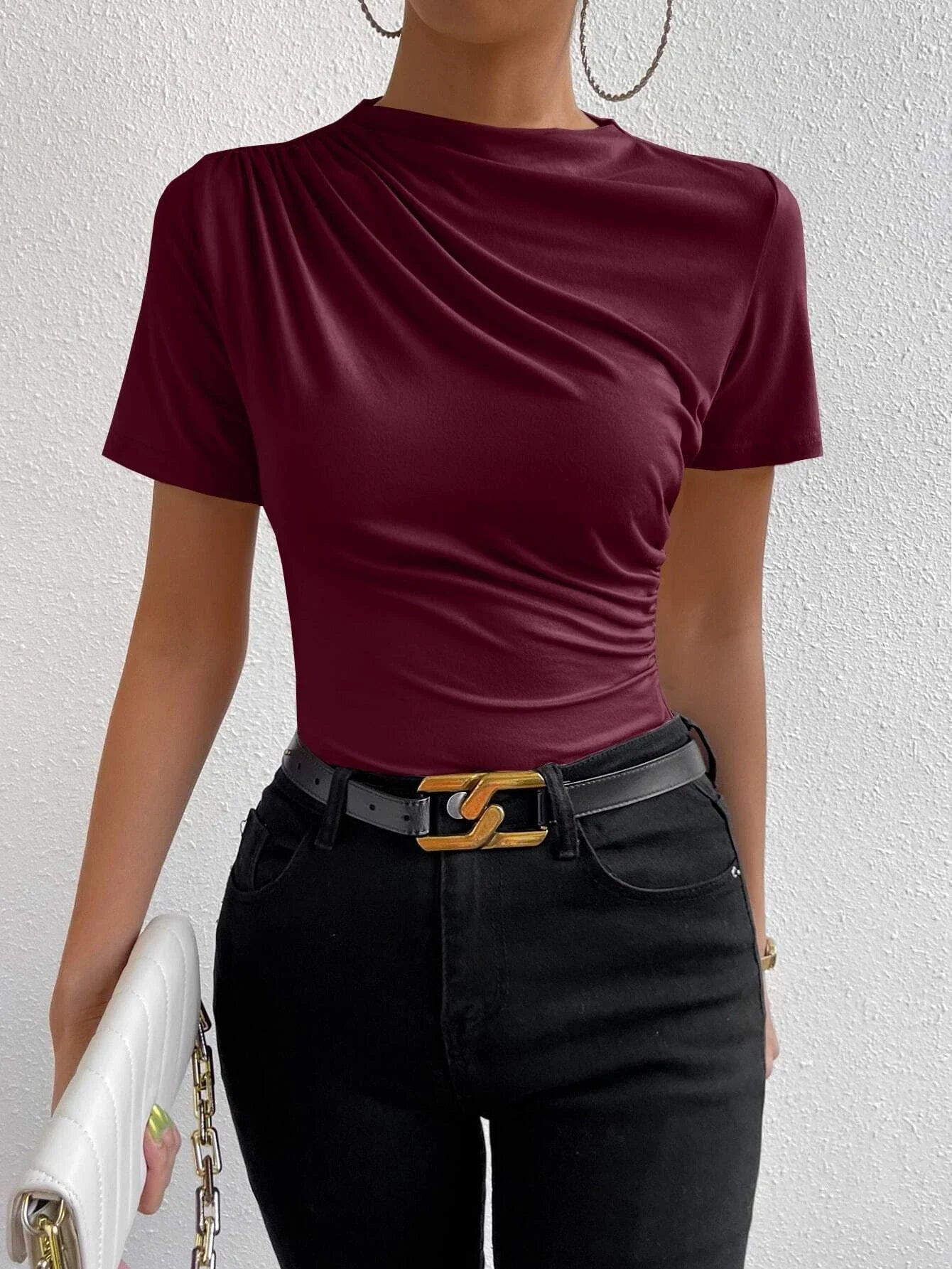 Buy Shein Unity Ruched Mock Neck Tee in Pakistan