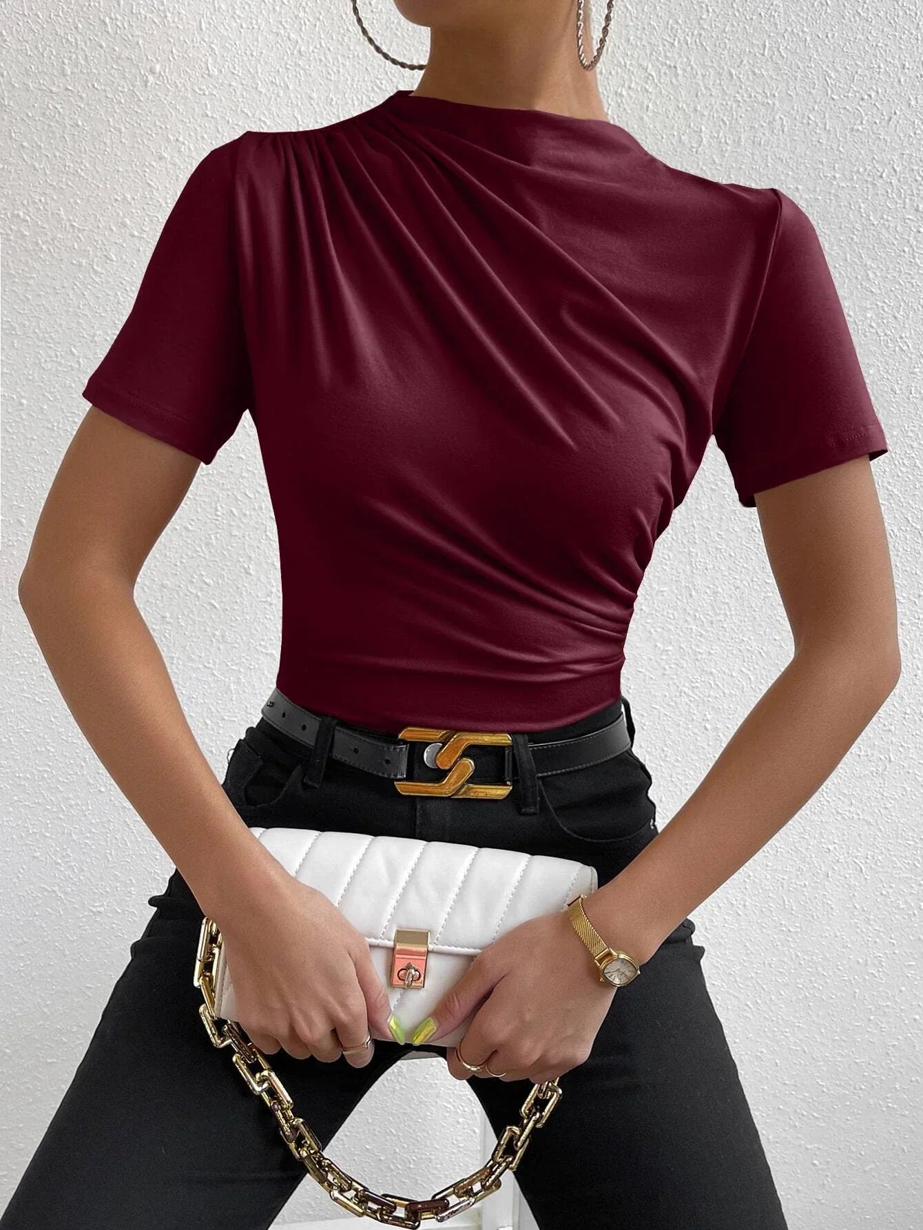 Buy Shein Unity Ruched Mock Neck Tee in Pakistan