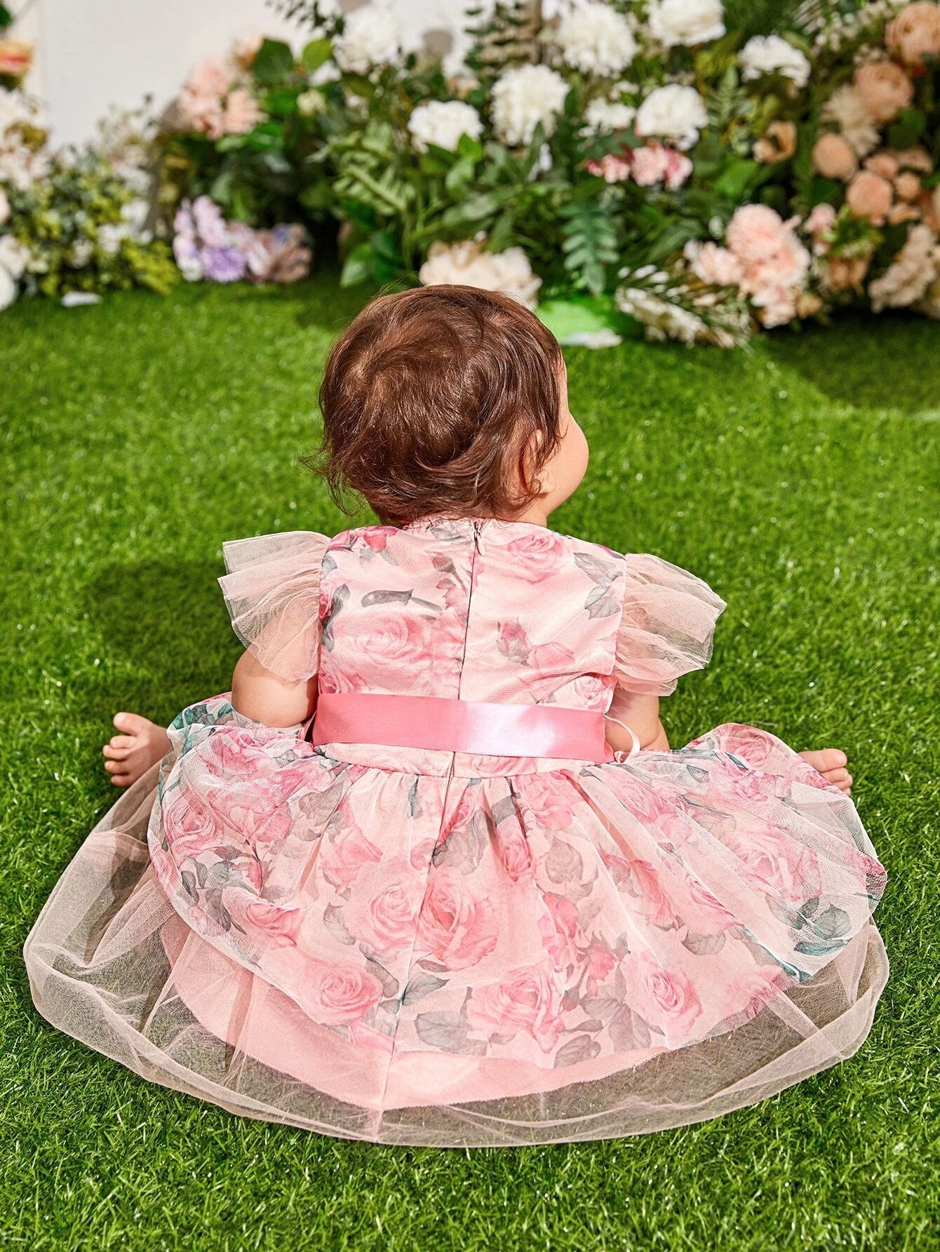 Buy SHEIN Baby Floral Print Mesh Hem Dress in Pakistan