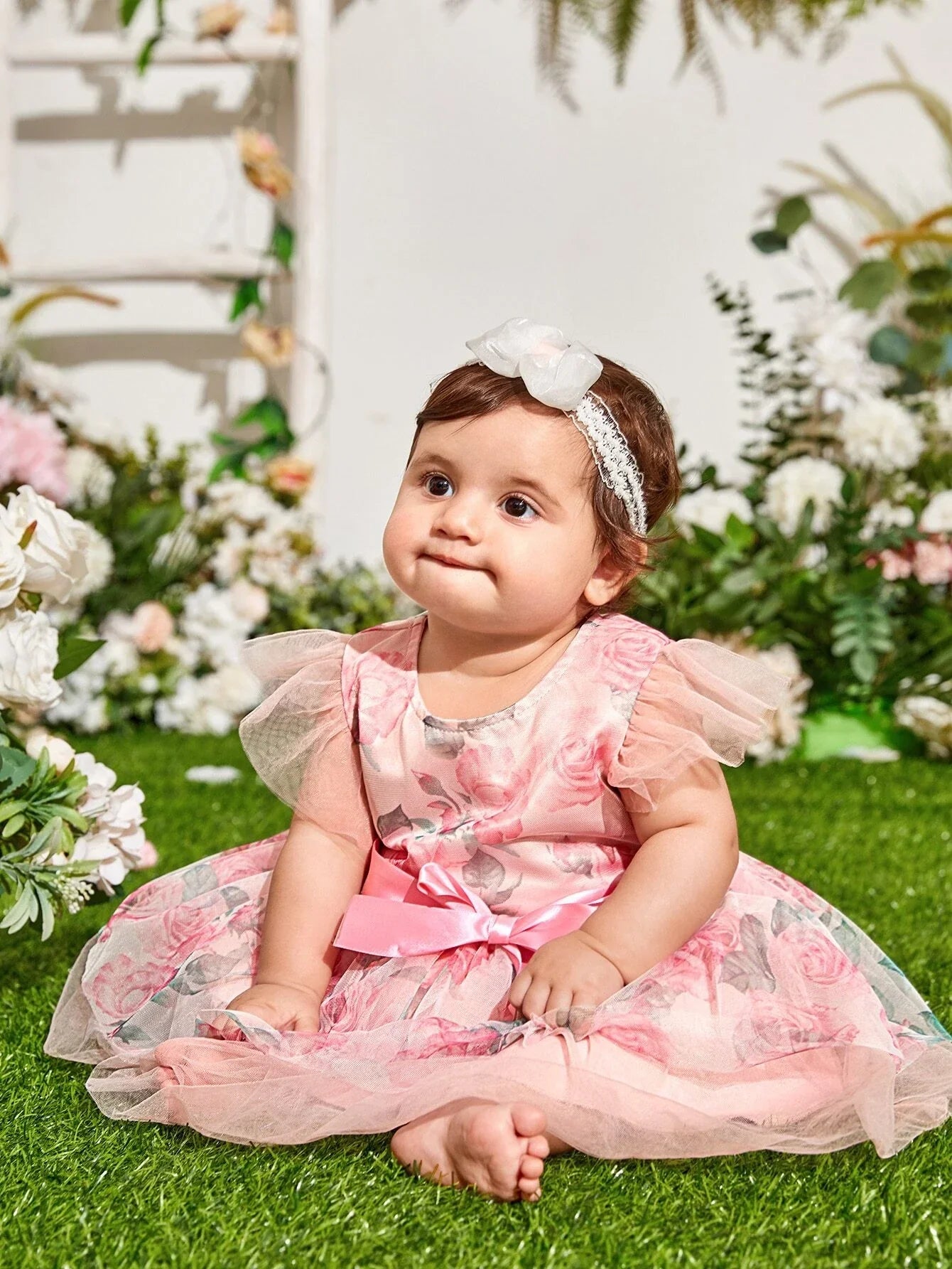 Buy SHEIN Baby Floral Print Mesh Hem Dress in Pakistan