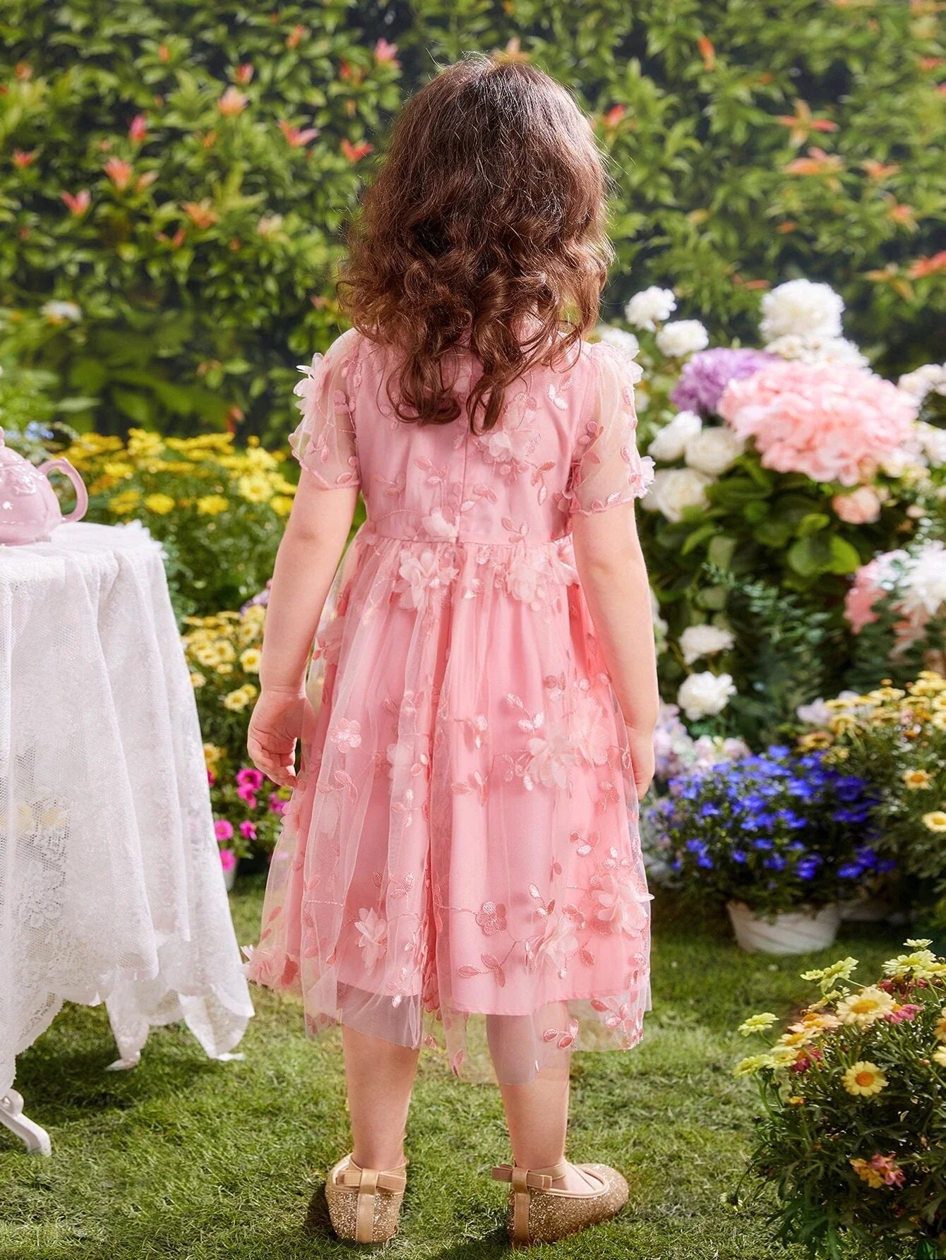 Buy SHEIN Toddler Girls Appliques Embroidery Mesh Overlay Butterfly Sleeve Dress in Pakistan