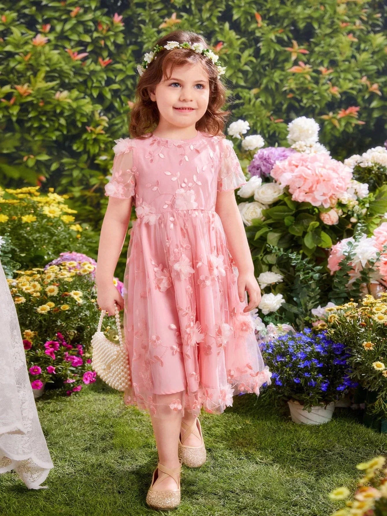 Buy SHEIN Toddler Girls Appliques Embroidery Mesh Overlay Butterfly Sleeve Dress in Pakistan