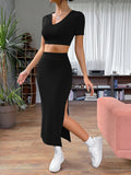 Buy Shein Ezwear Solid Crop Tee & Split Thigh Skirt in Pakistan