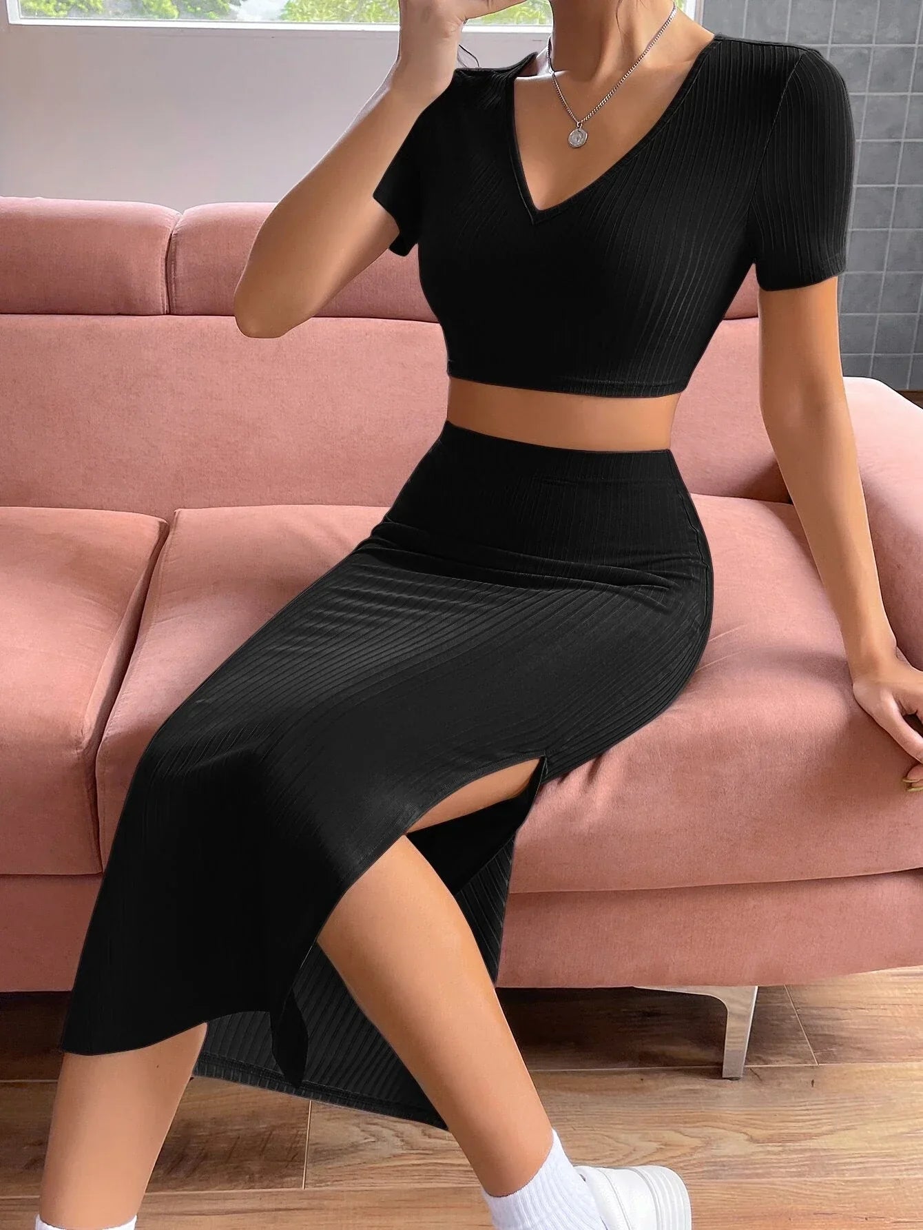 Buy Shein Ezwear Solid Crop Tee & Split Thigh Skirt in Pakistan