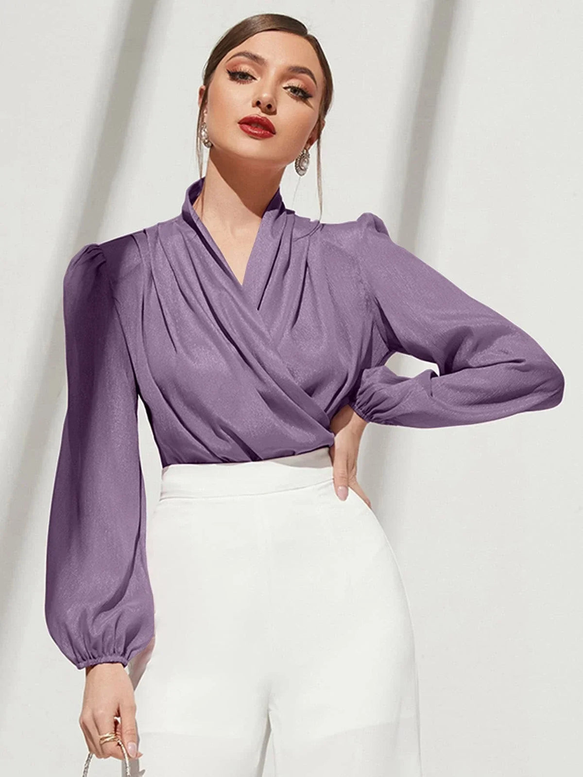 Buy SHEIN Modely Solid Surplice Front Lantern Sleeve Blouse in Pakistan