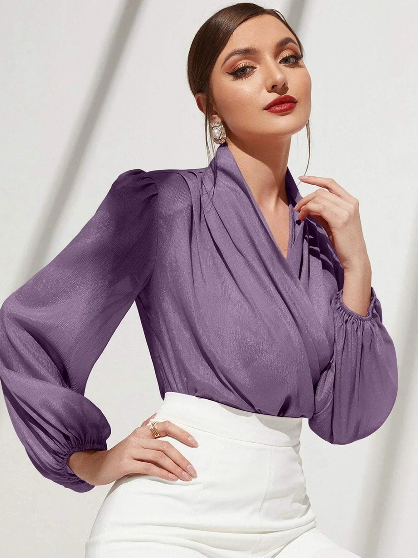 Buy SHEIN Modely Solid Surplice Front Lantern Sleeve Blouse in Pakistan