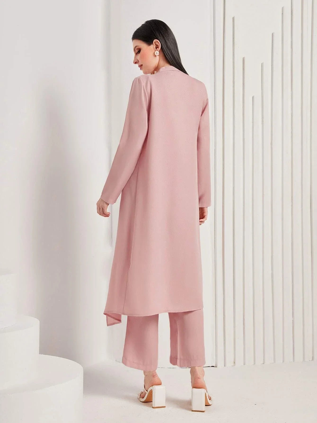 Buy SHEIN Mulvari Waterfall Collar Open Front Coat & Pants in Pakistan
