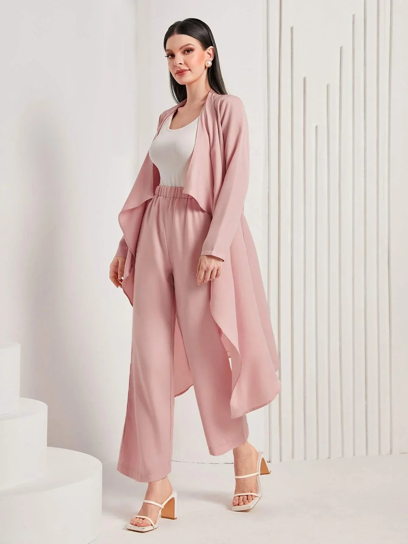 Buy SHEIN Mulvari Waterfall Collar Open Front Coat & Pants in Pakistan