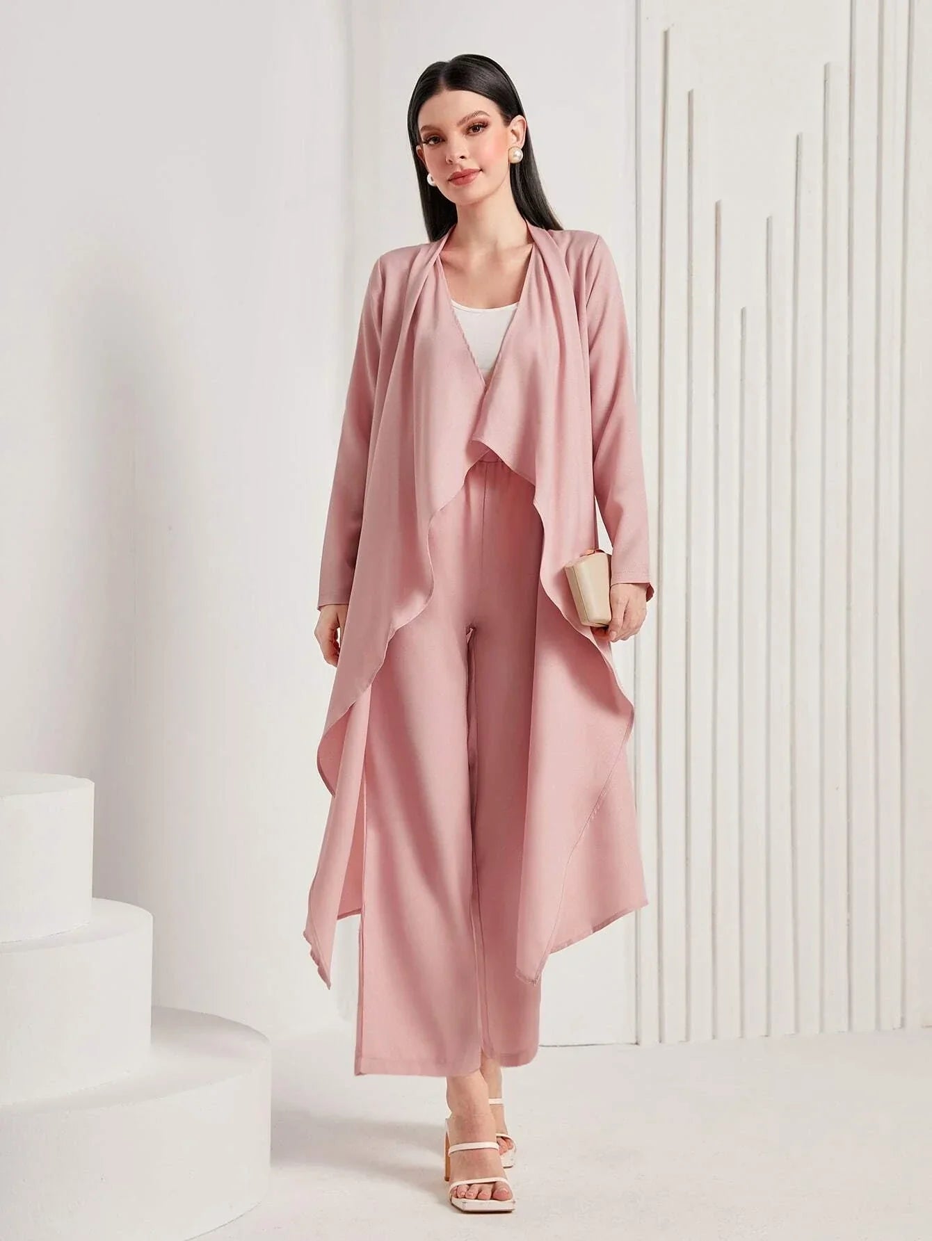 Buy SHEIN Mulvari Waterfall Collar Open Front Coat & Pants in Pakistan