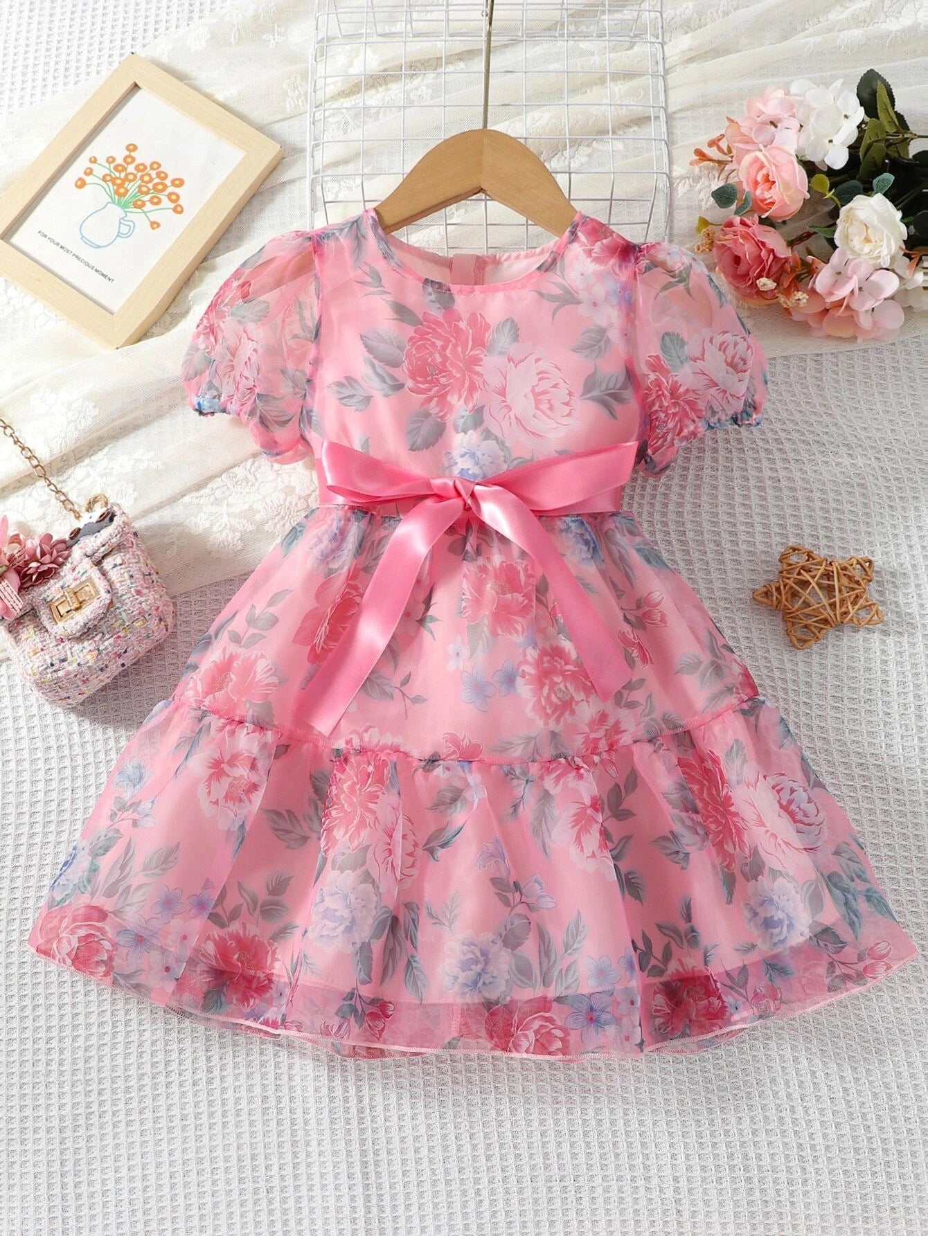 Buy SHEIN Toddler Girls Floral Print Puff Sleeve Ruffle Hem Belted Organza Dress in Pakistan