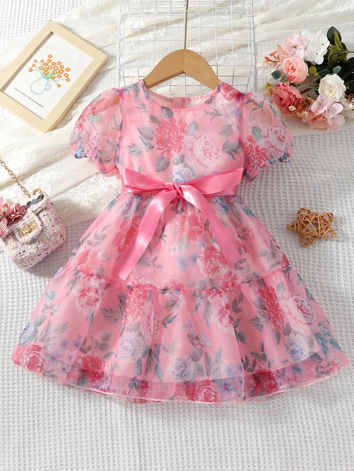 Buy SHEIN Toddler Girls Floral Print Puff Sleeve Ruffle Hem Belted Organza Dress in Pakistan